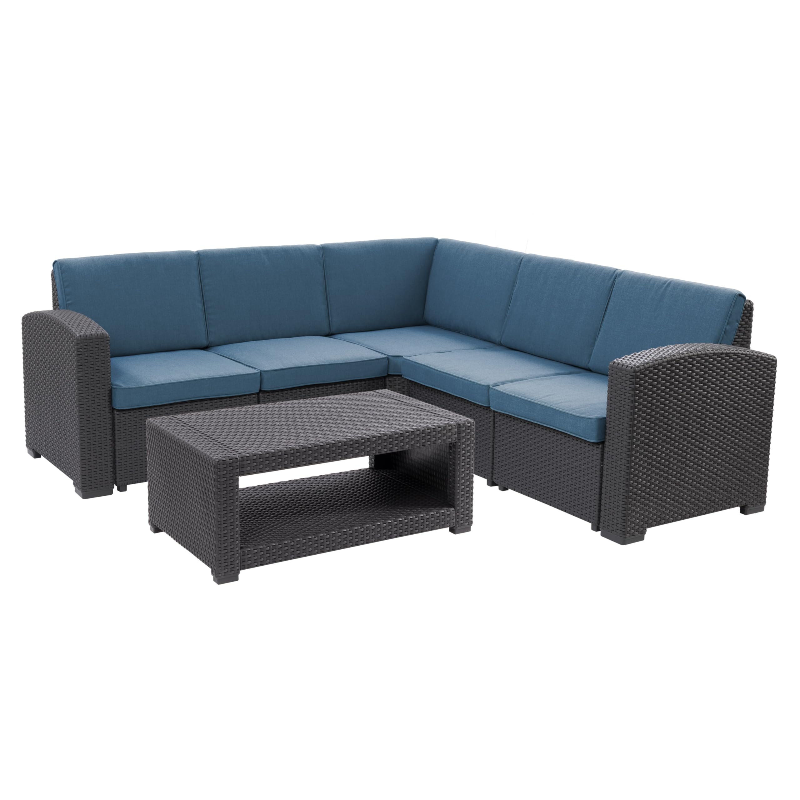 CorLiving Lake Front Wicker Rattan Patio Sectional Set with Blue Cushions - 6 Piece Outdoor Furniture for Garden, Poolside & Backyard Relaxation