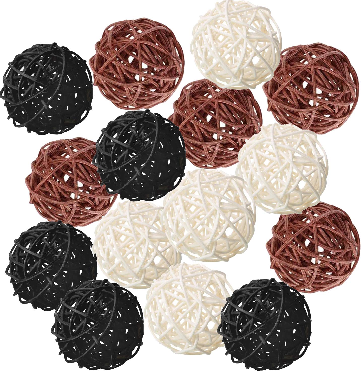 15PCS Mixed White Black Brown Rattan Balls - 2 Inch Wicker Decorative Orbs for Vase Fillers, Table Centerpieces, Wedding & Home Decor