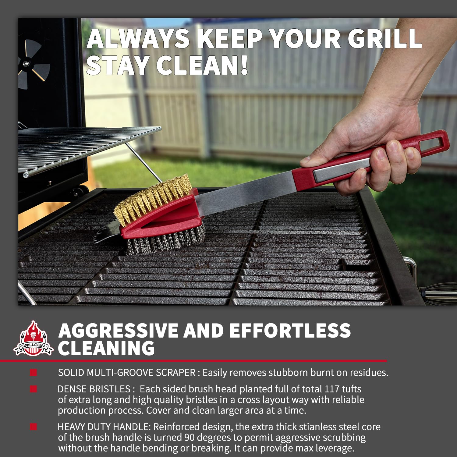 Heavy Duty Grill Brush and Scraper with Steel & Brass Bristles - Professional BBQ Cleaner for Porcelain, Cast Iron & Stainless Steel Grates - Perfect for Outdoor Grilling, Backyard BBQs and Camping Cookouts