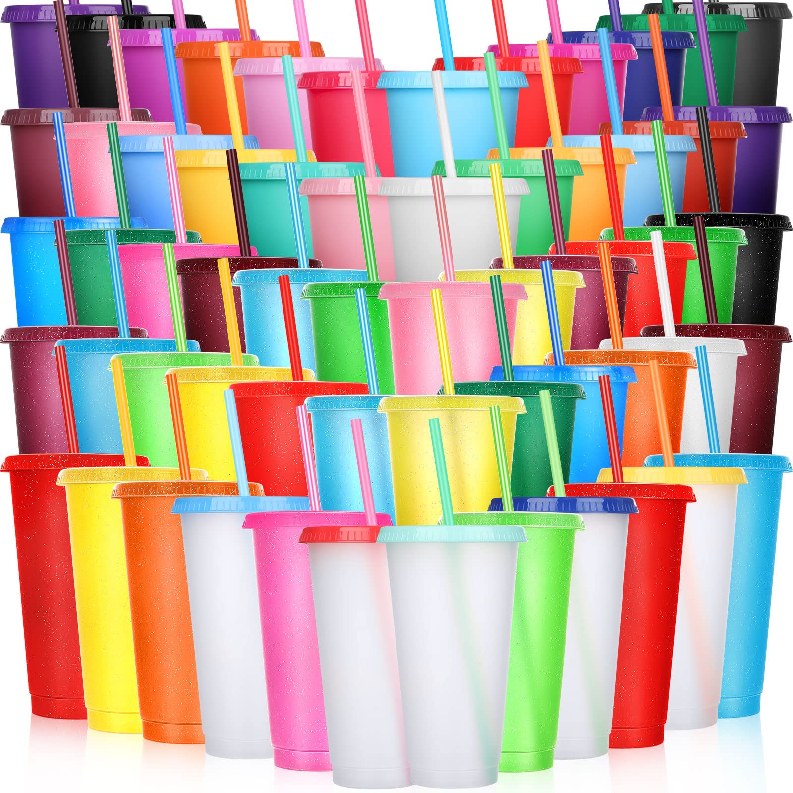 Honeydak 60 Pack 24-27 oz Reusable Plastic Tumbler Cups with Straw & Lid - Bulk Water Bottles for Iced Coffee, Travel Mugs, Parties, Birthdays (Shiny Color) | Perfect for Office, School, Picnics & Outdoor Events