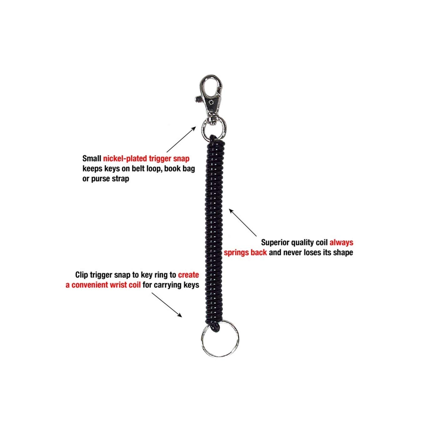 Lucky Line Mini Coil Trigger Snap with Key Ring - 5 Pack (Black) | Durable Keychain for Keys, Wallets, Backpacks & School Supplies | Perfect for Casino Chips, Party Favors & Stocking Stuffers | Great Gift Idea for Students & Travelers