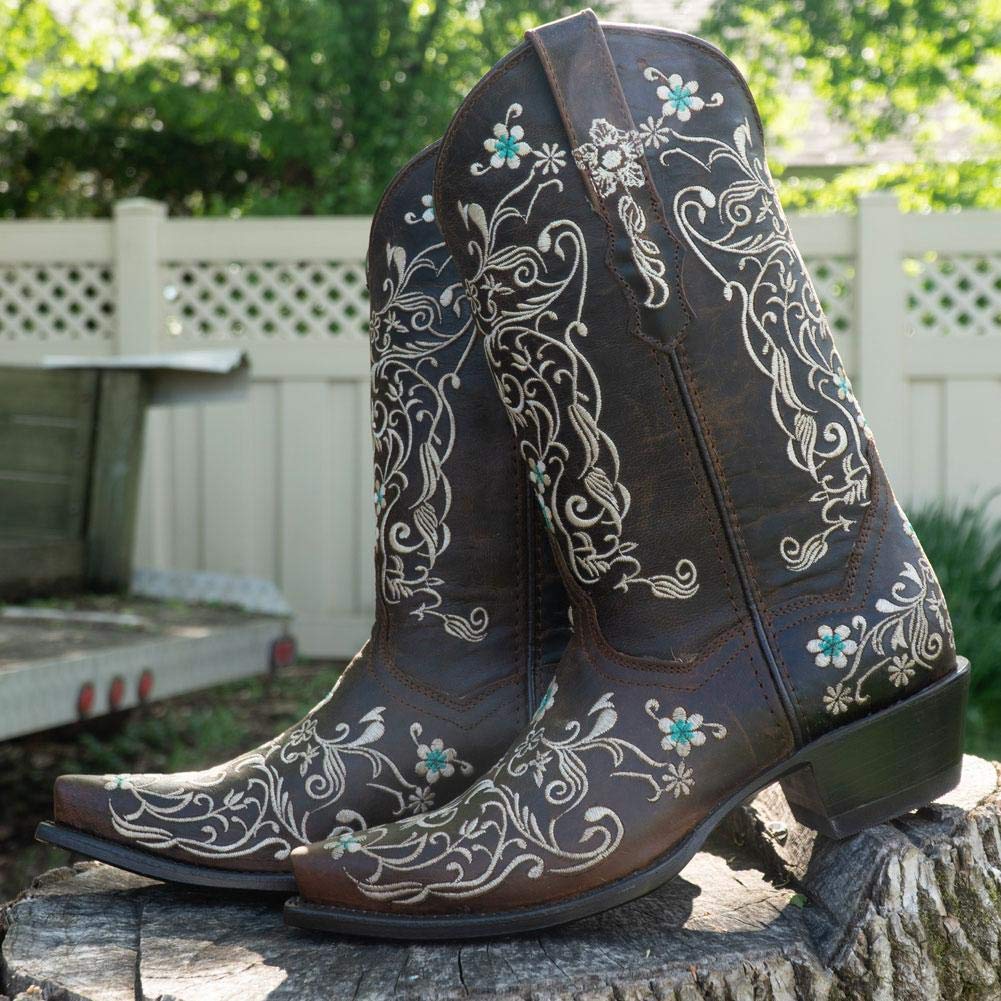 Vintage Flower Embroidered Cowgirl Boots for Women - Genuine Leather Handcrafted Western Boots M50042 Brown | Perfect for Country Dancing, Rodeos & Western Fashion