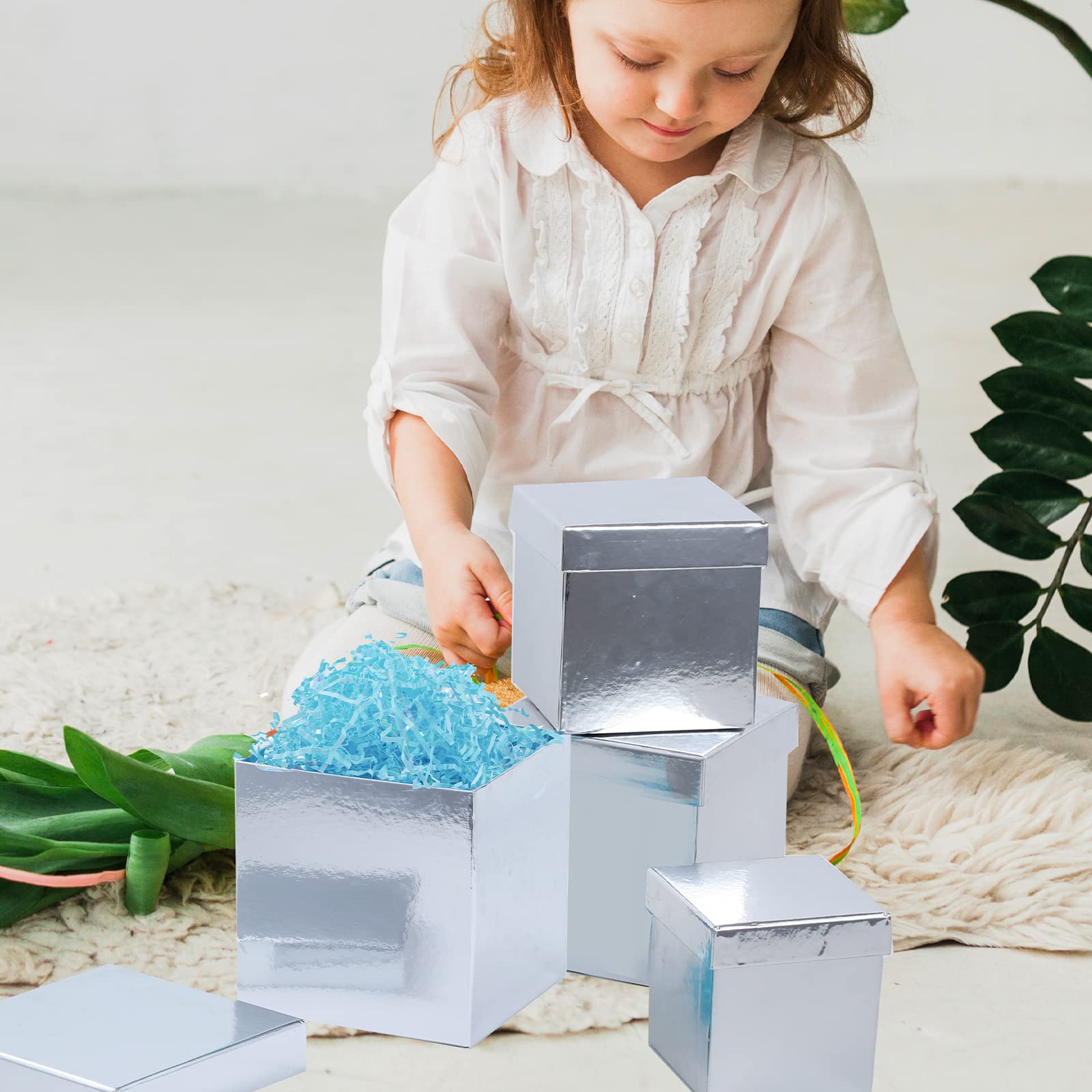 UNIQOOO 5-Piece Metallic Silver Gift Box Set with Lid - Assorted Sizes, Square Nested Wedding Keepsake Card Boxes for Party, Thanksgiving & Christmas | Elegant Gift Wrapping & Organizer for Jewelry, Cards, Wedding Favors & Holiday Presents