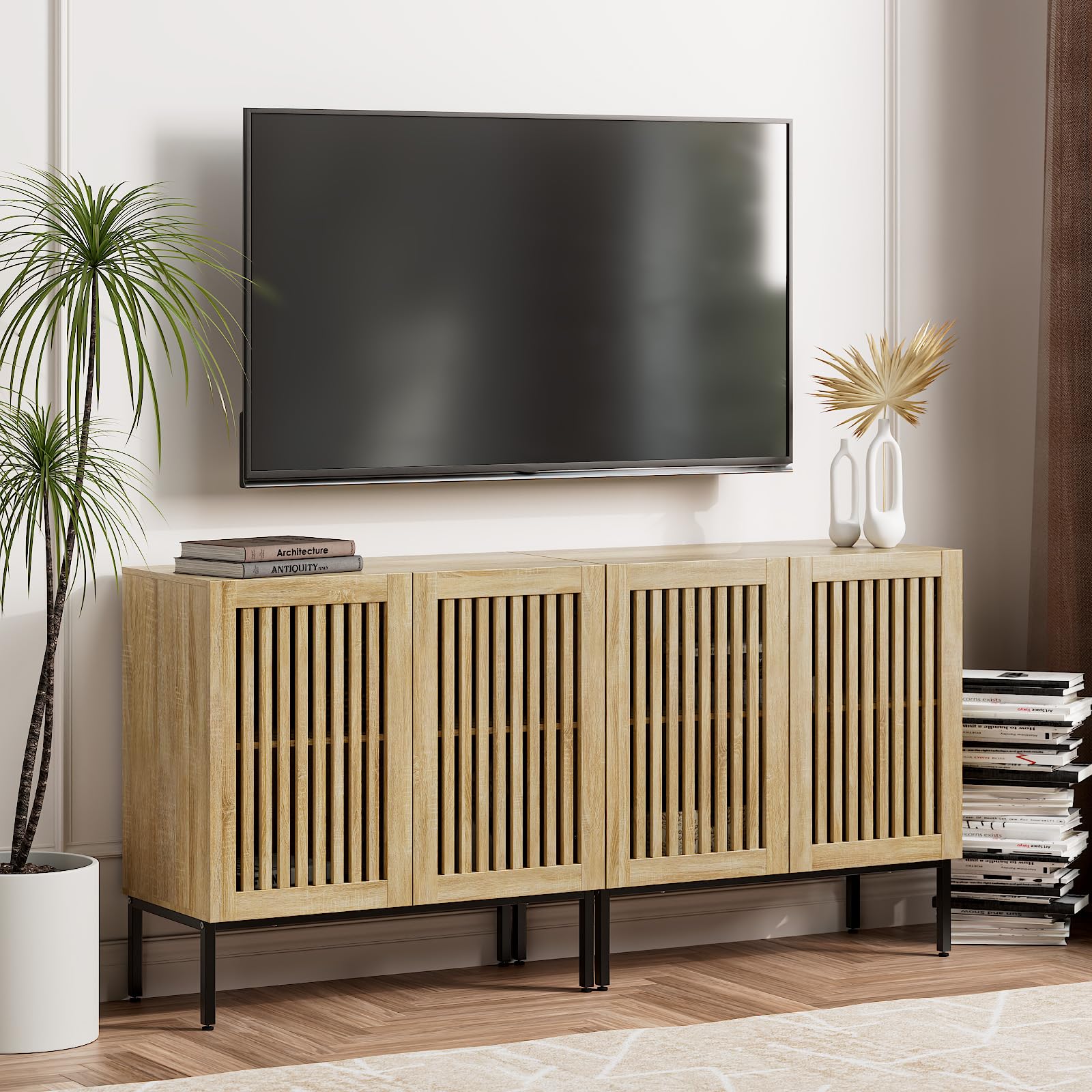 Farmhouse TV Stand for 70 Inch TVs - 2-in-1 Entertainment Center with Storage Cabinets & Metal Base, Oak Media Console for Living Room - Perfect for Home Theater Setup & Living Room Organization