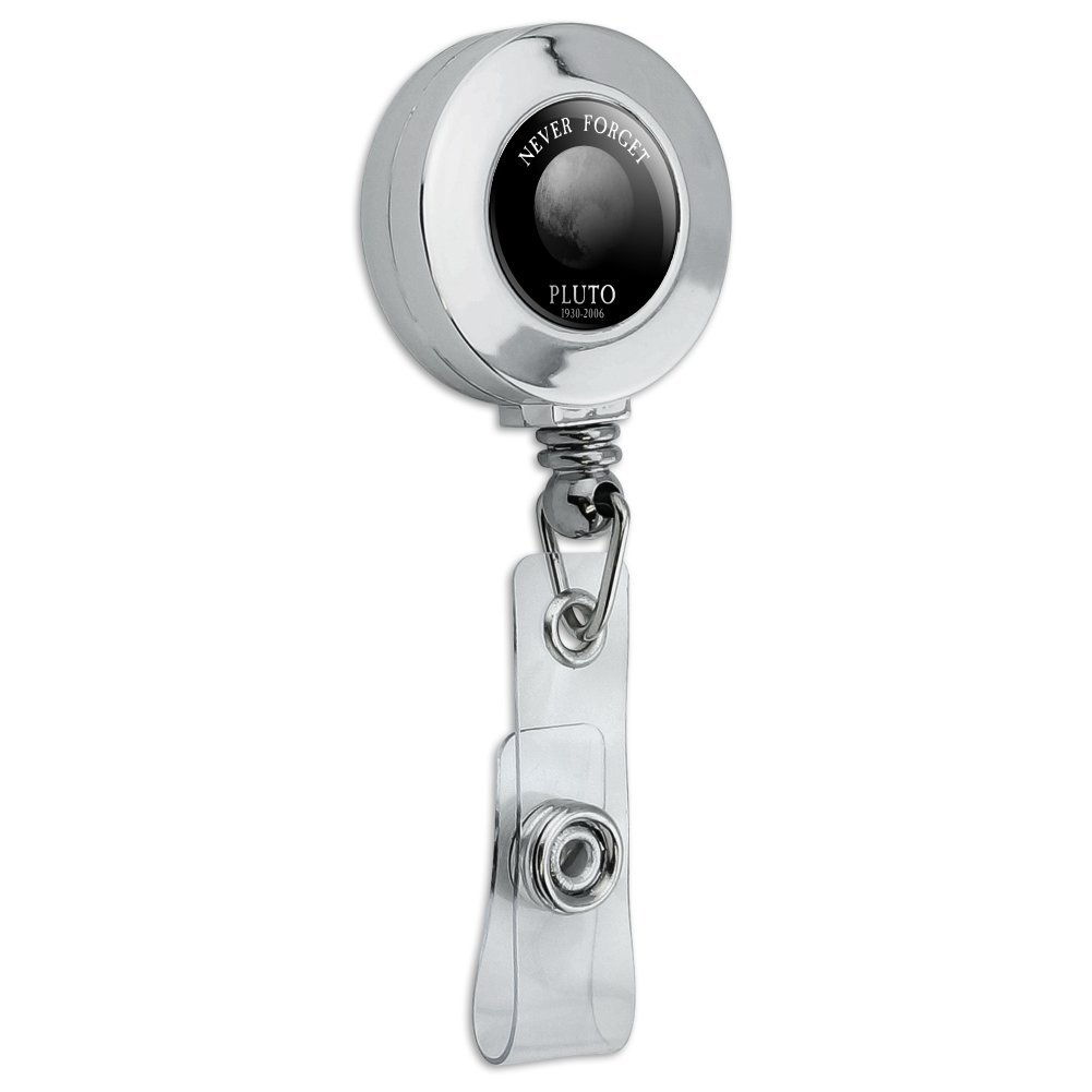 Pluto Planet Astronomy Memorial Retractable ID Badge Holder - Funny Chrome Reel Clip for Teachers, Scientists & Space Enthusiasts