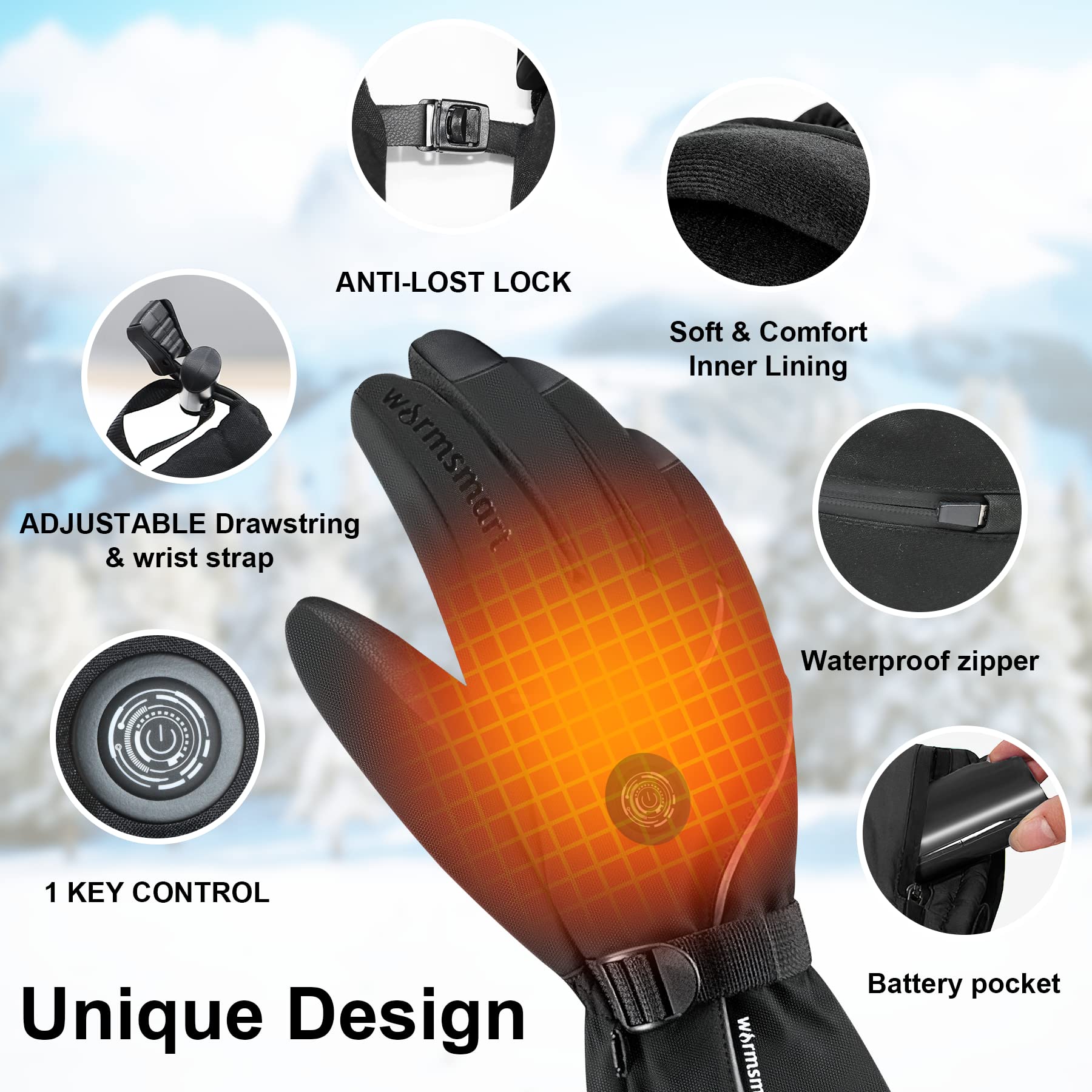 Rechargeable Heated Gloves for Men & Women - 7.4V Battery, 3M Thinsulate Insulation, 3 Heating Levels, Touchscreen Compatible - Perfect for Skiing, Snowboarding, Ice Skating, Winter Camping & Motorcycle Riding
