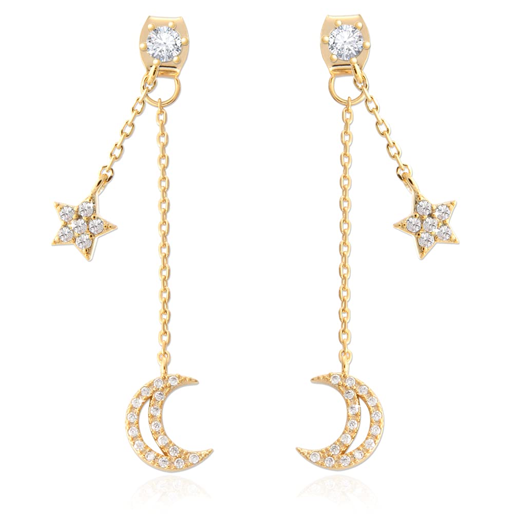 CZ Crescent Moon and Star Chain Drop Earrings Ear Jackets - Elegant Statement Jewelry for Evening Parties and Weddings
