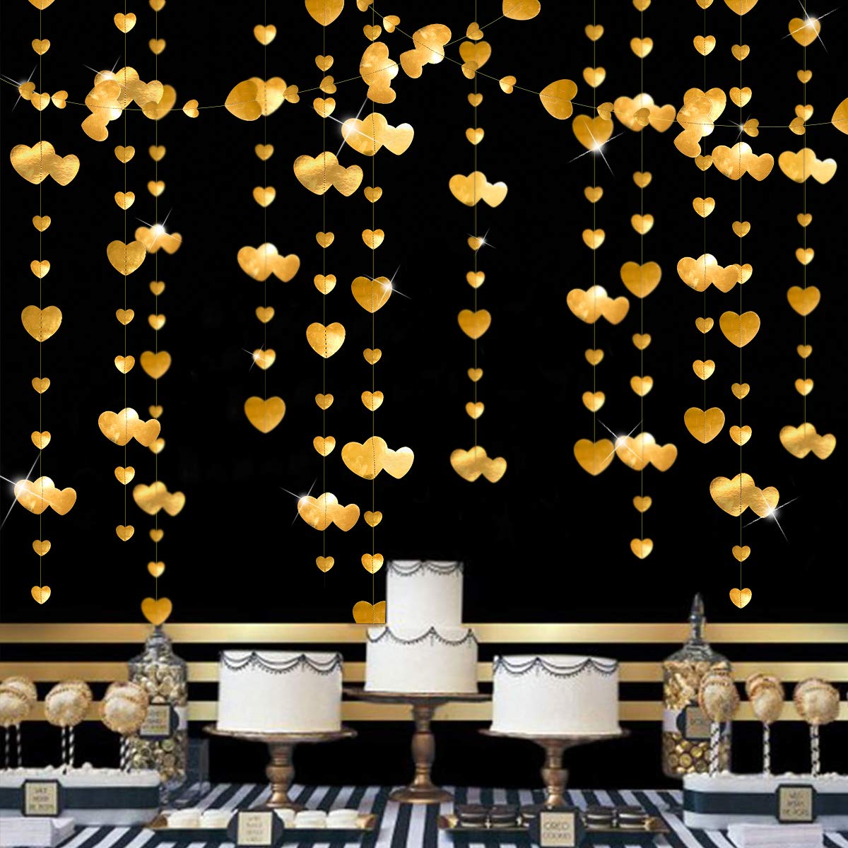 PinkBlume Valentine's Day Gold Heart Garland - Romantic Hanging Streamer Banner for Anniversary, Mother's Day, Wedding, Bridal Shower, Baby Shower & Bachelorette Party Decorations | Perfect for Home, Photo Backdrops & Festive Celebrations