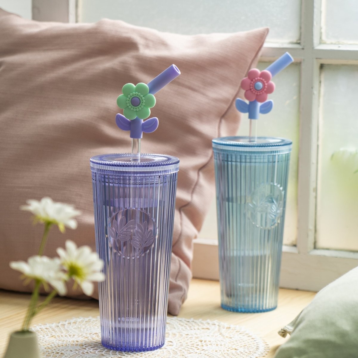 26oz Insulated Tumbler with Straw & Leak-Proof Lid - Cute Flower Silicone Straw Tips in Botanica Purple | Perfect for Iced Coffee, Smoothies & Outdoor Activities