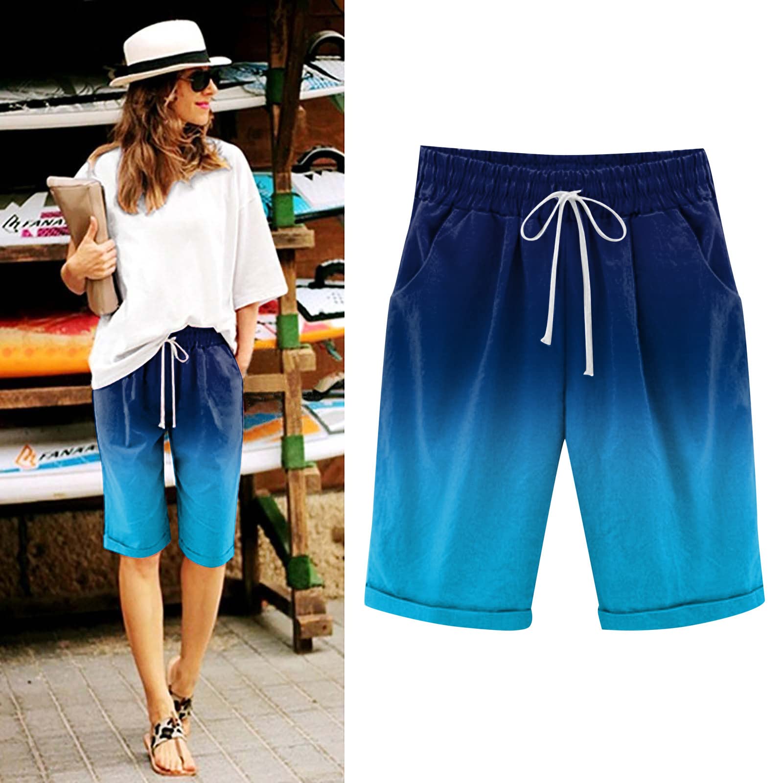 AMDBEL High Waist Bermuda Jean Shorts for Women - Long Lounge Biker Shorts with Pockets, Yoga Running Workout Athletic Cycling Hiking Sports Shorts for Casual Wear, Gym, and Outdoor Adventures