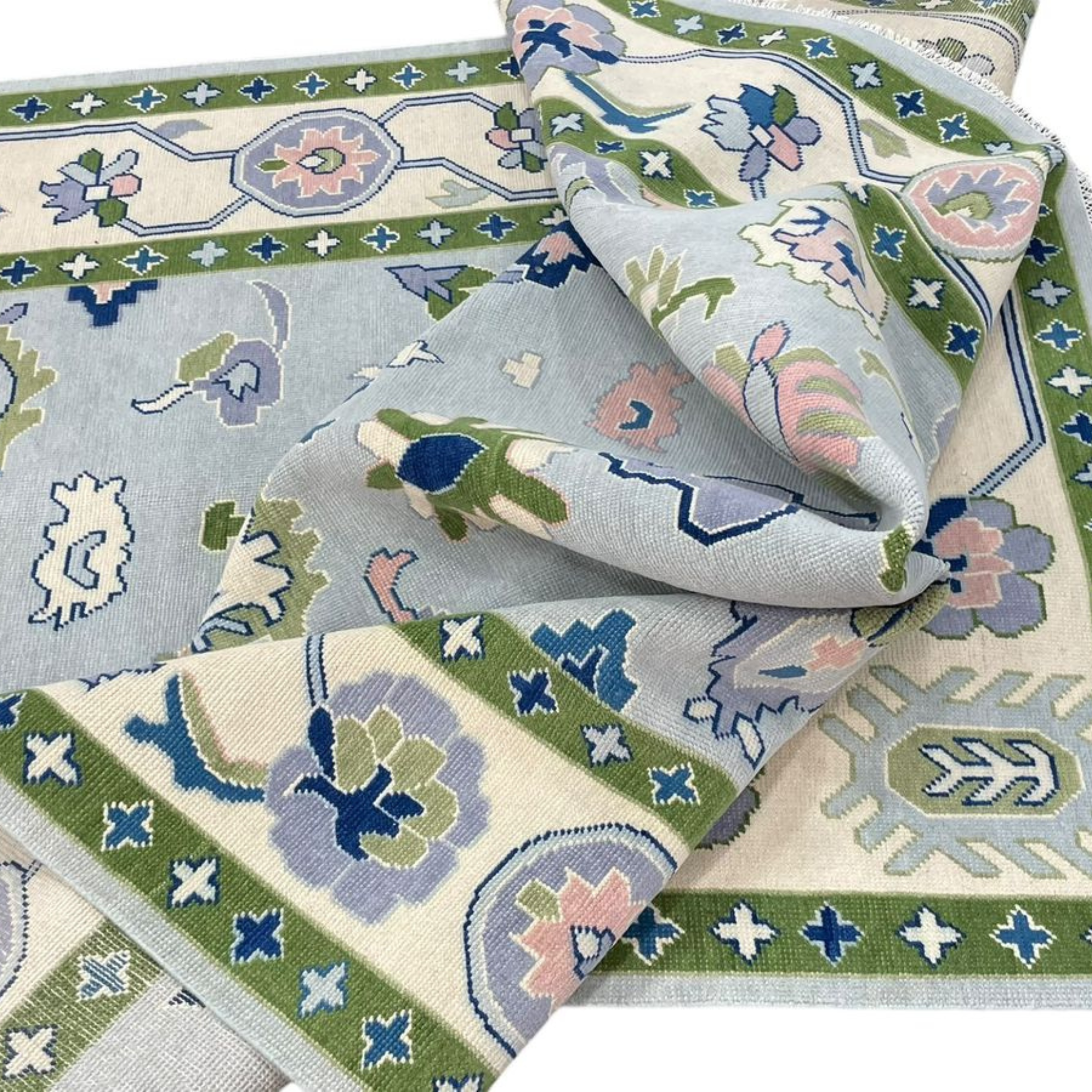 Handmade Byram Oushak Rug in Meadow Green - Authentic Turkish Wool Area Rug for Living Room, Bedroom & Dining Room Decor