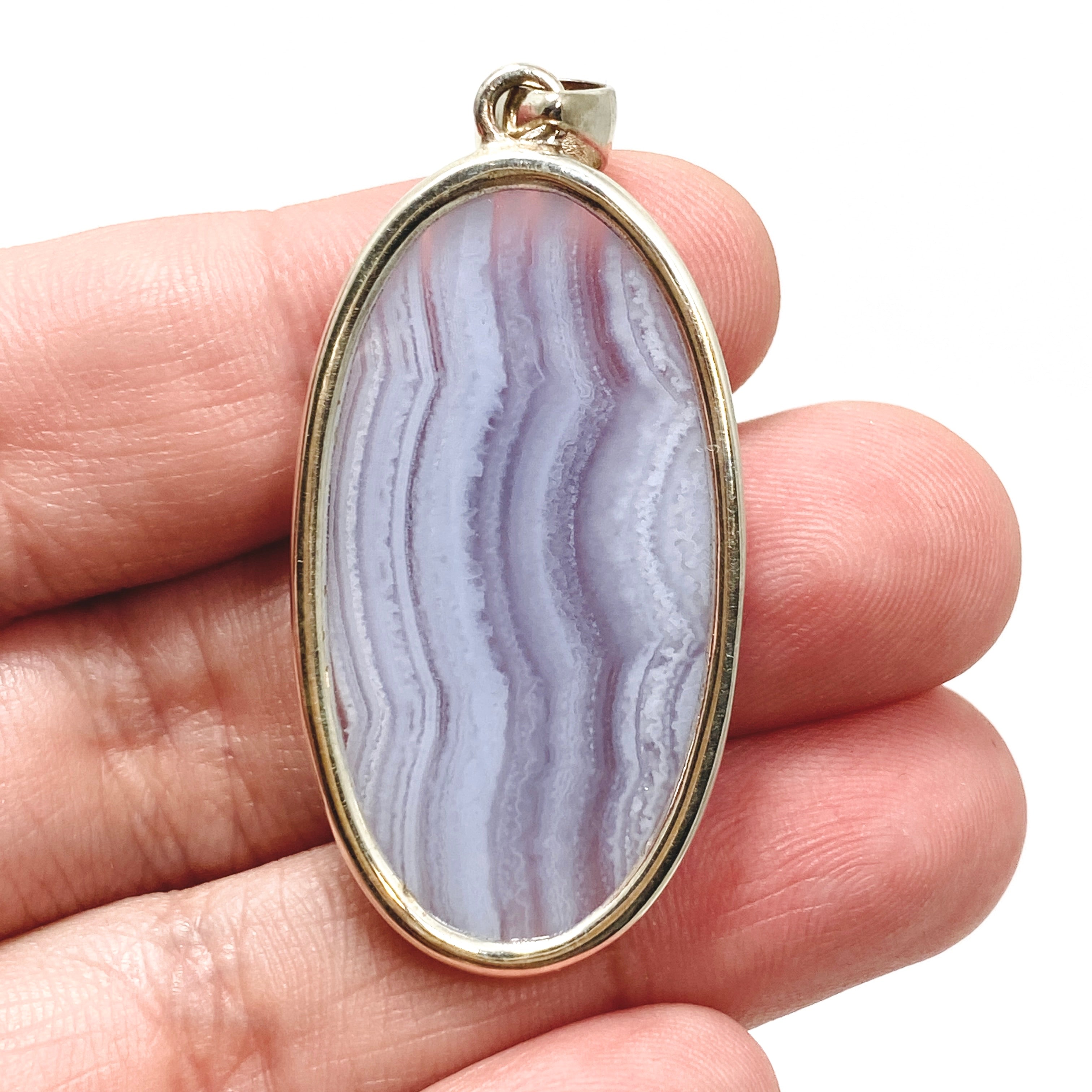 Blue Lace Agate Oval Cabochon Pendant - Natural Stone Jewelry KPGJ4823 for Women's Necklace, Healing Crystal Gift for Meditation & Spiritual Protection