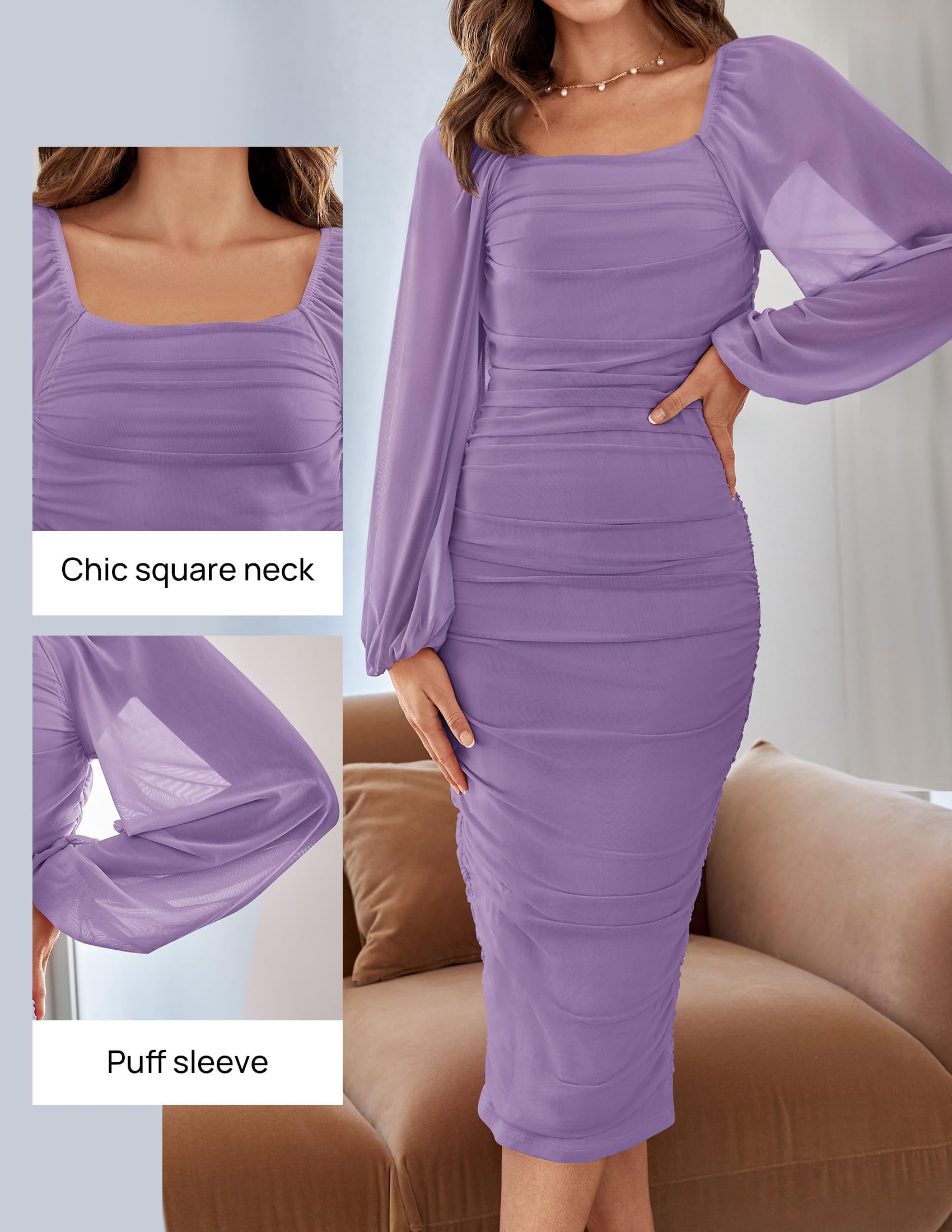 ZESICA Women's Sexy Ruched Bodycon Midi Dress with Long Puff Sleeves & Square Neck - Backless Cocktail Party Wedding Guest Dress for Evening Events, Date Night & Special Occasions
