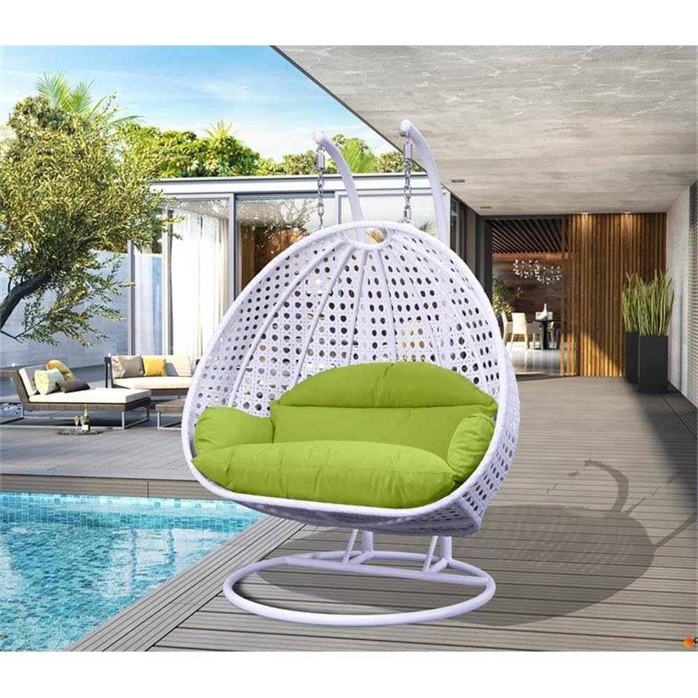 LeisureMod 2-Person Wicker Egg Chair - Outdoor/Indoor Hanging Swing with White Stand & UV-Resistant Cushions (Light Green) - Perfect for Patio, Garden, Bedroom or Balcony Relaxation