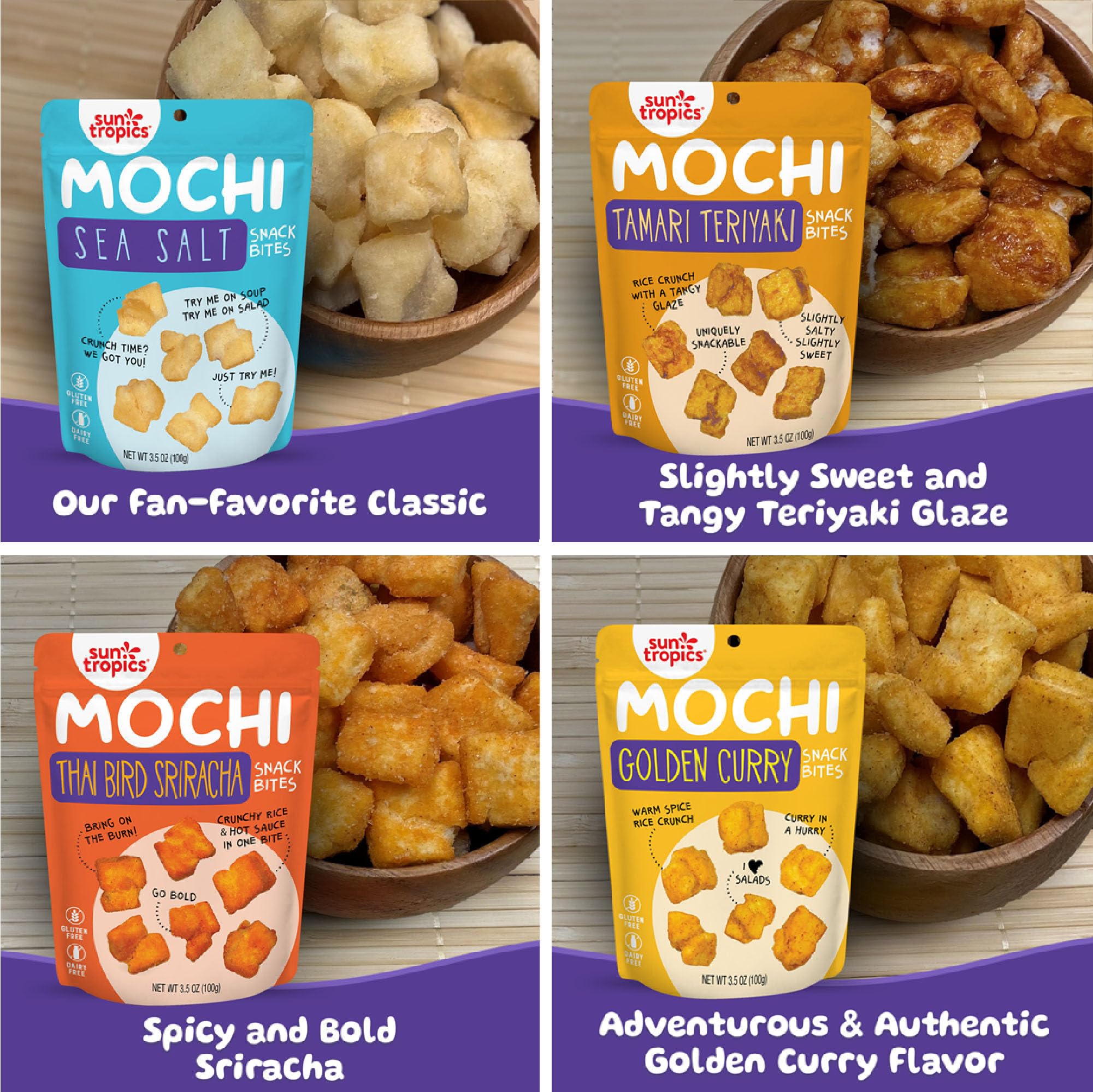 Sun Tropics Mochi Snack Bites Variety Pack - 3.5oz (6 Pack) | Crunchy Gluten Free & Dairy Free Asian Rice Snacks | No MSG | Perfect for Lunchboxes, Office Snacks & On-the-Go Treats