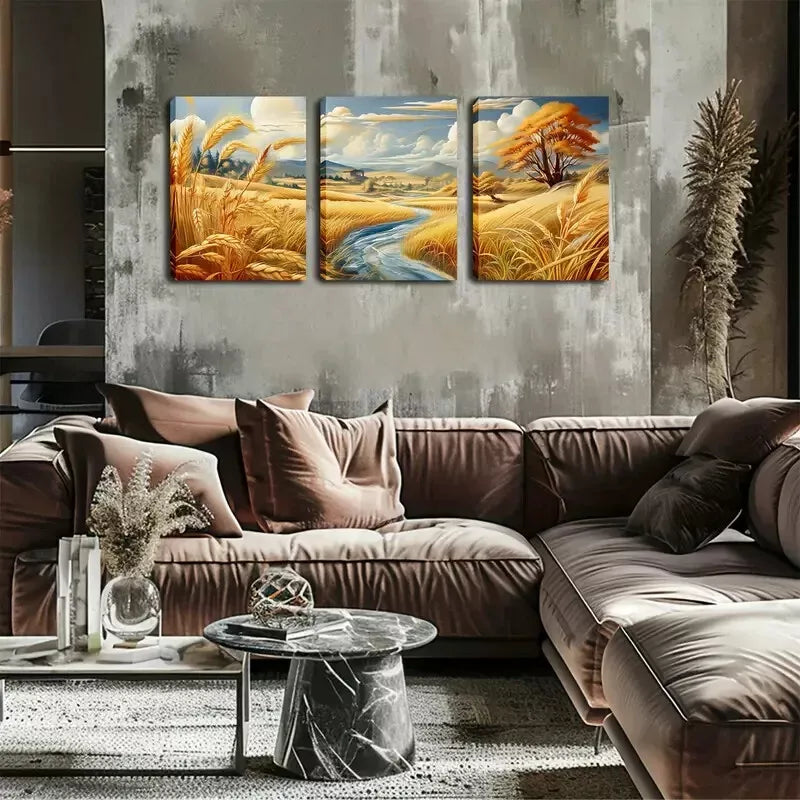 3-Piece Vibrant Countryside Stream & Golden Wheat Wall Art Set - Framed Canvas 40x60cm - High Quality Print - 100% Australian Made - Ready to Hang - Perfect for Living Room, Bedroom & Office Decor