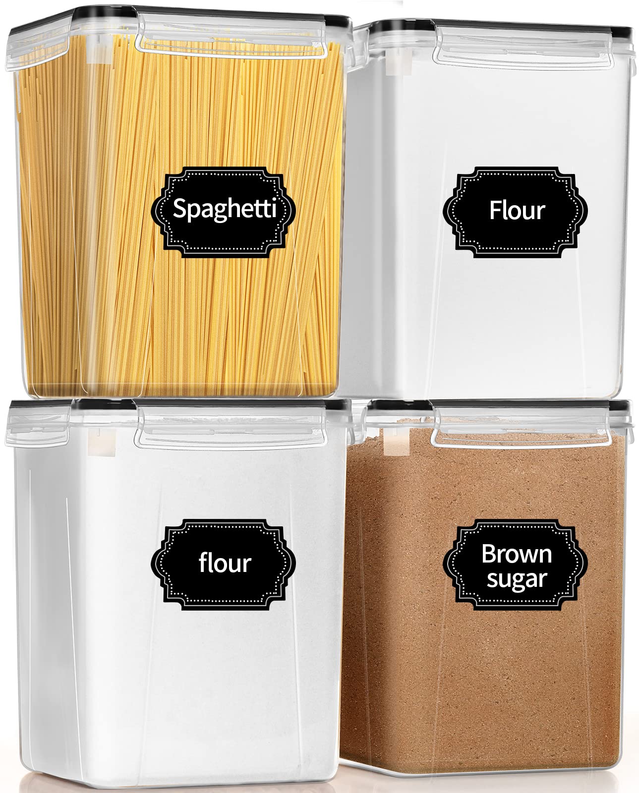 Large Airtight Food Storage Containers with Lids - 4-Piece 5.2L Set for Kitchen Pantry Organization | Perfect for Cereal, Flour & Baking Supplies | Includes Labels & Marker | Ideal for Meal Prep, Bulk Food Storage & Countertop Organization