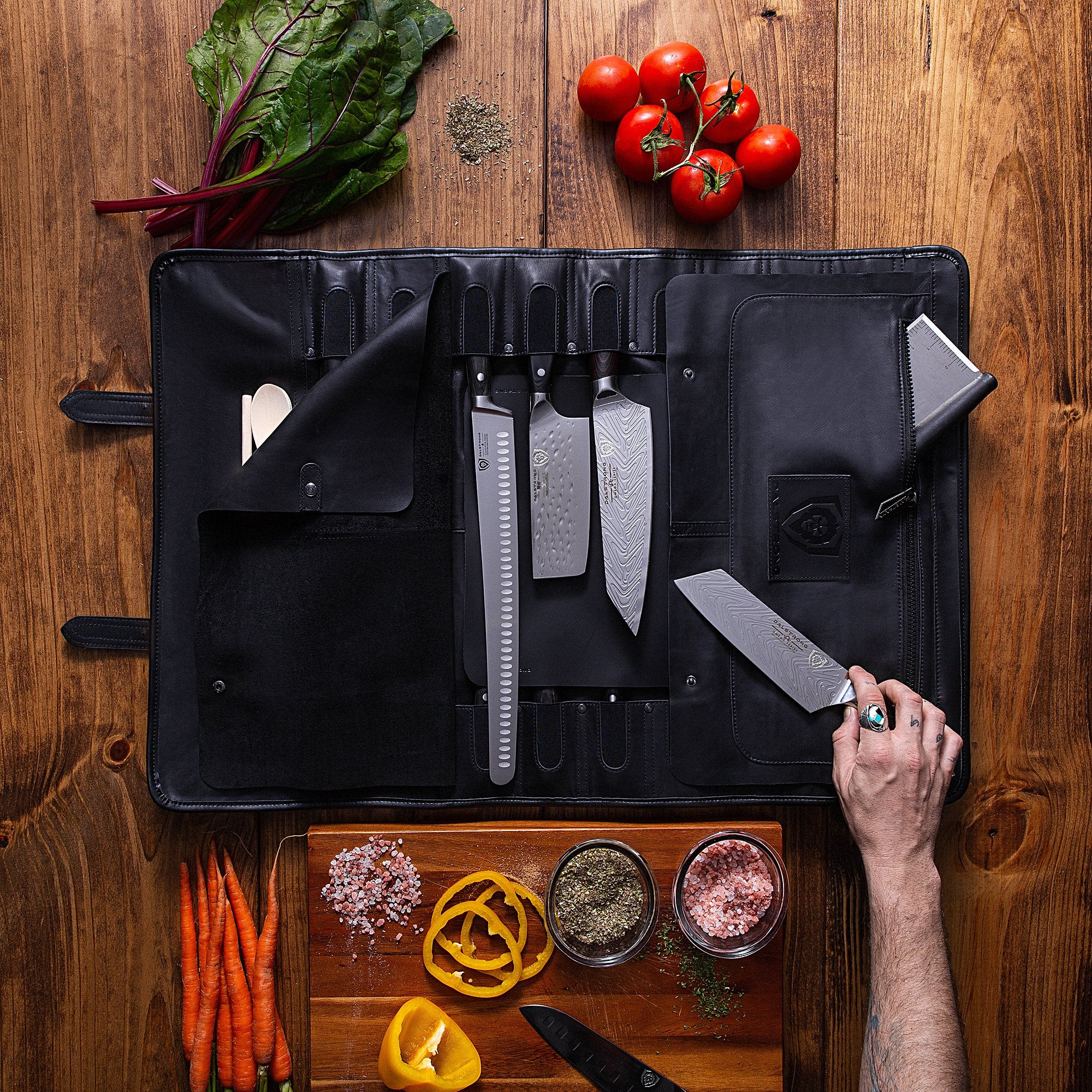 Premium Full Grain Leather Vagabond Knife Roll - Midnight Black | Dalstrong Professional Chef Knife Case for Travel & Kitchen Storage