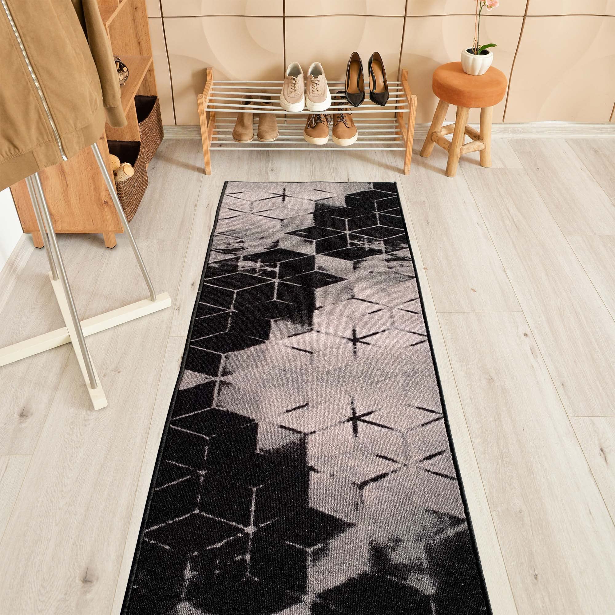 Custom Size Abstract Cubes Design Non-Slip Rubber Backed Runner Rug - Black & Gold - 26 Inch Wide x Your Length (26in x 41ft) - Perfect for Hallways, Stairs, Entryways & High Traffic Areas