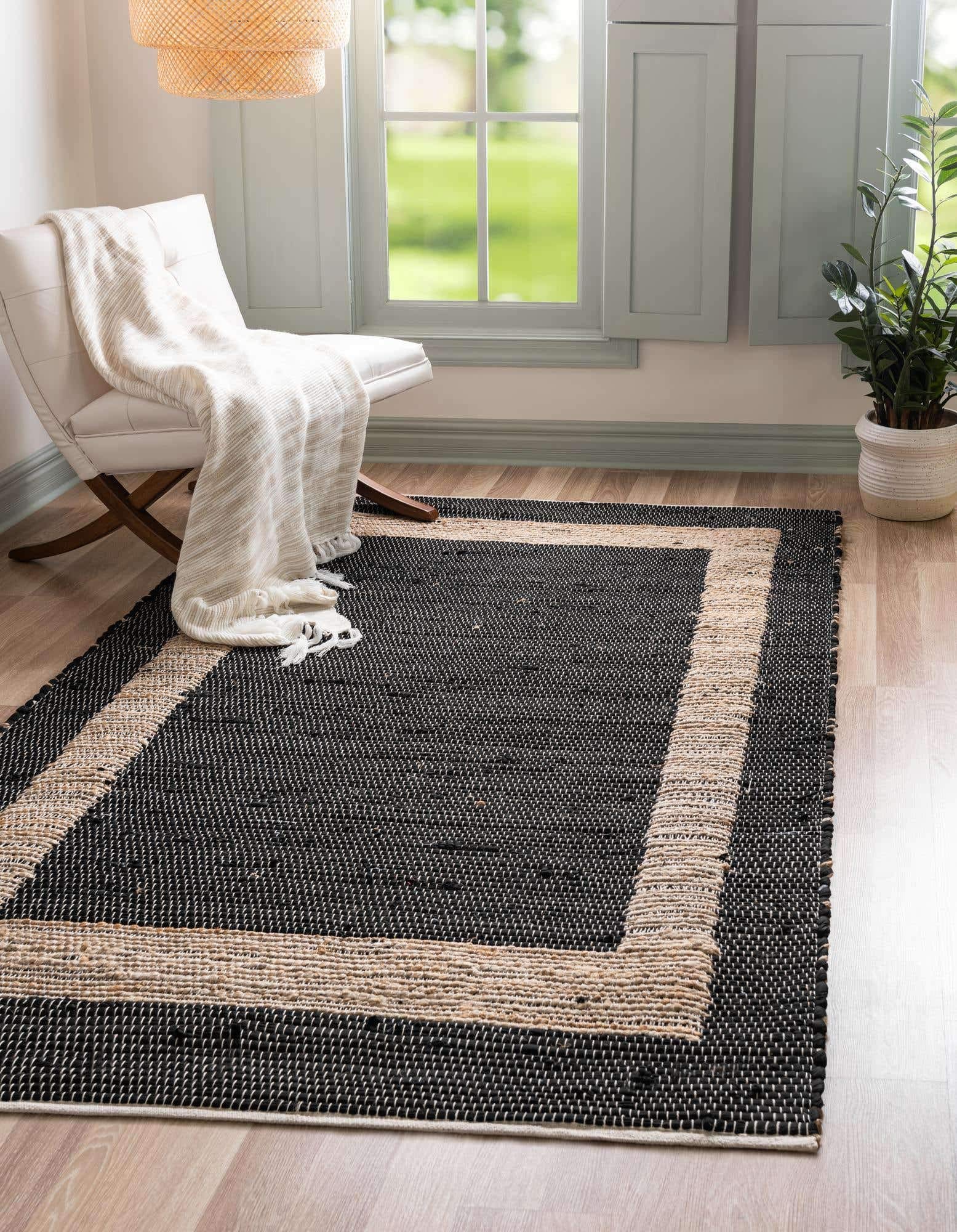 Unique Loom Chindi Jute Collection 8' x 11' Rectangle Area Rug in Black & Navy Blue - Boho Chic Living Room Decor, Bedroom Accent Rug for Home & Office