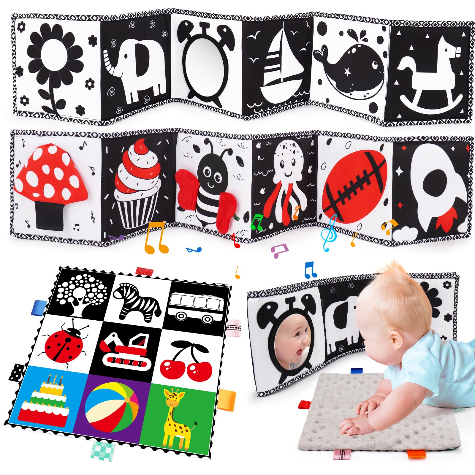 2-Pack Black & White High Contrast Baby Toys 0-6 Months - Soft Crinkle Book for Early Education & Montessori Sensory Development - Newborn Brain Stimulation & Tummy Time Mirror - Perfect Infant Toys 6-12 Months for Baby Shower Gifts & Nursery Playtime