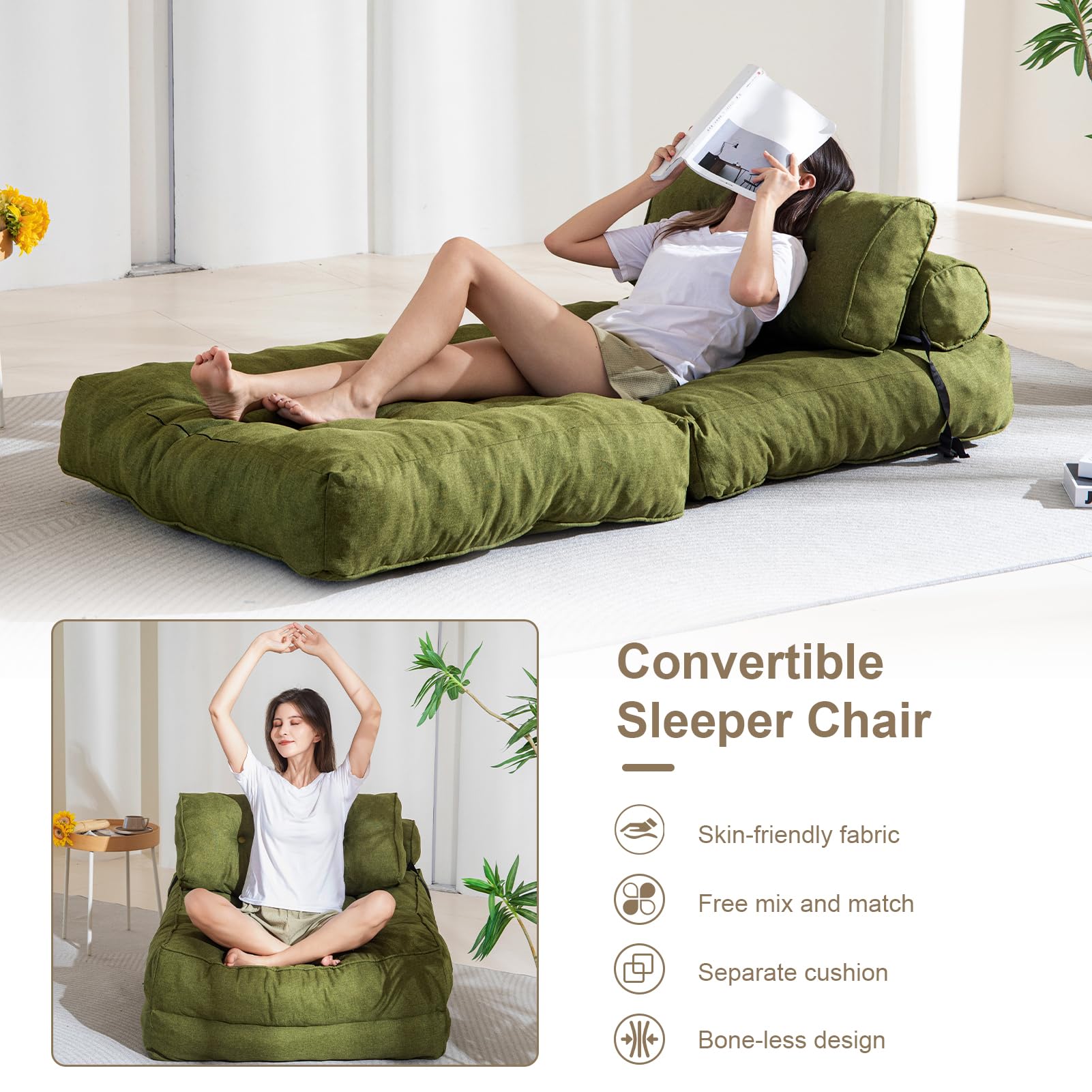 MAXYOYO Folding Couch Sofa Bed - Convertible Sleeper Chair with Back Support & Pillow, Green - Perfect for Small Spaces, Guest Rooms & Apartments