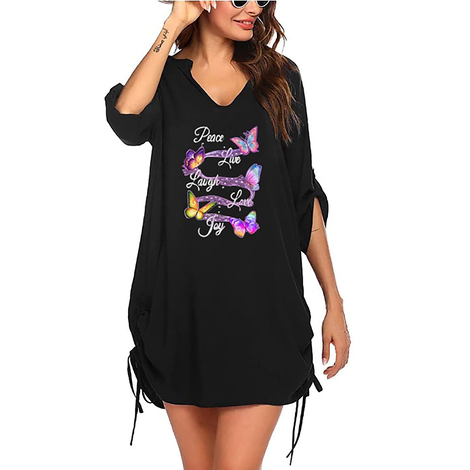ZXLLO Women's Swim Tunic - Casual V-Neck Floral Print Dress | Breathable Polyester Pleated Crop Top with Short Sleeves | Perfect for Beach Cover-Up, Poolside Lounging & Summer Vacations