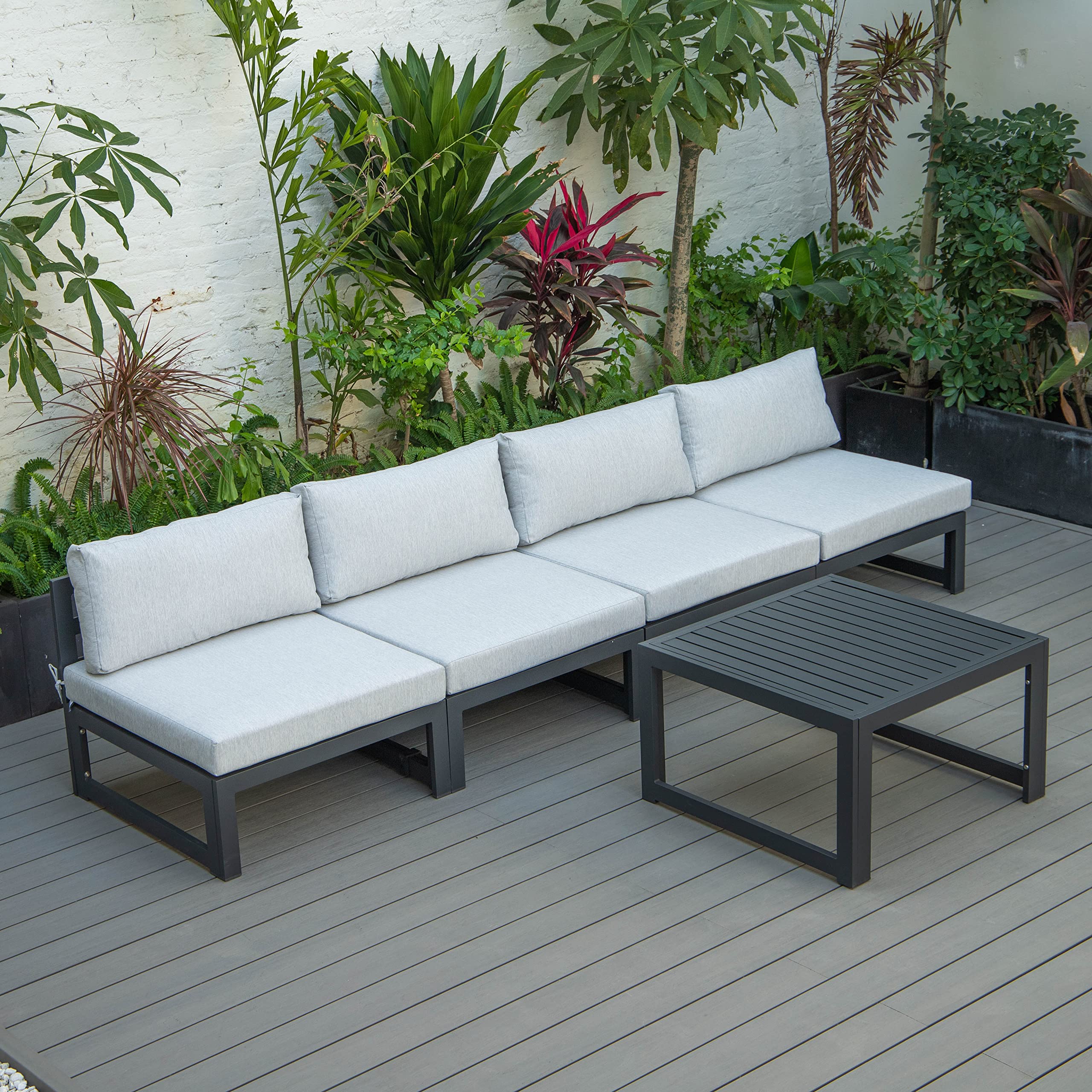 LeisureMod 5-Piece Outdoor Patio Set - Black Aluminum Chairs & Table for Garden Relaxation