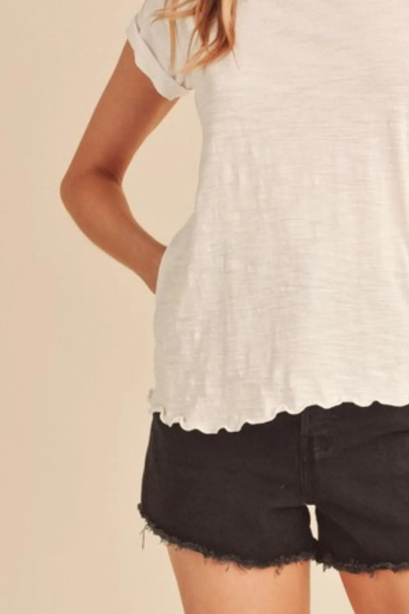 Aemi + Co Women's Lettuce Edge Round Neck Short Sleeve T-Shirt - Soft Casual Tee for Everyday Wear, Summer Outfits & Layering