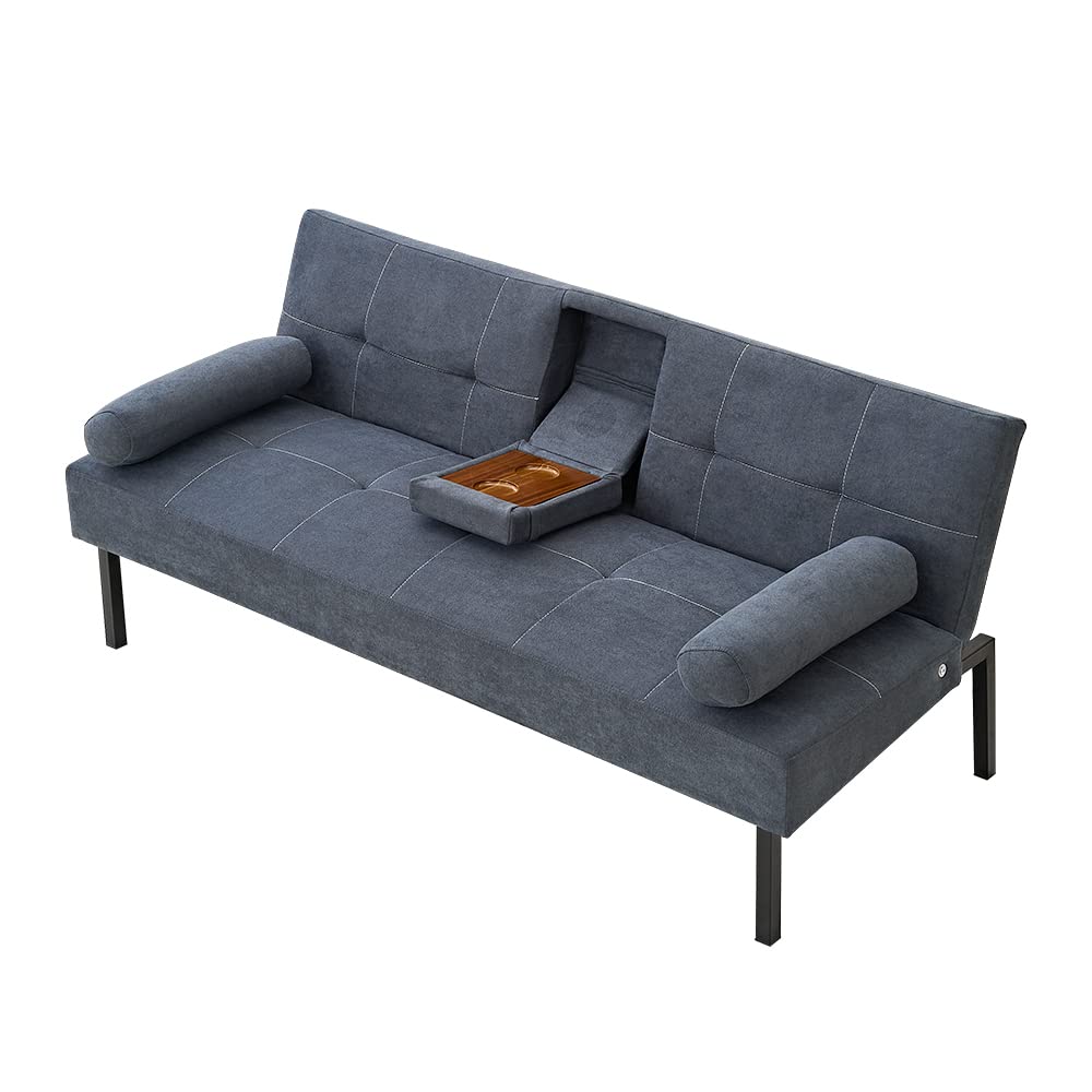 Modern Convertible Folding Futon Sofa Bed - 5 Angle Adjustable Linen Fabric Upholstered Daybed with 2 Cup Holders (Grey) | Space-Saving Guest Bed for Small Apartments, Dorm Rooms & Home Offices