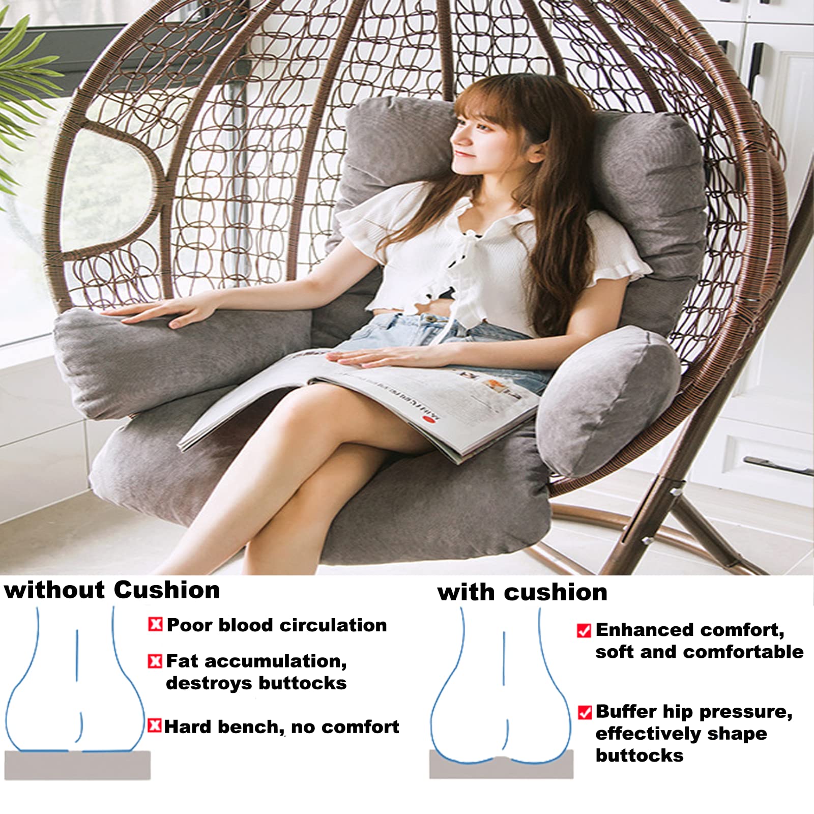 Indoor Outdoor Patio Wicker Hanging Chair Swing - Gray Egg Hammock Chair with Cushions (49x20in) for Bedroom, Balcony, Garden Relaxation