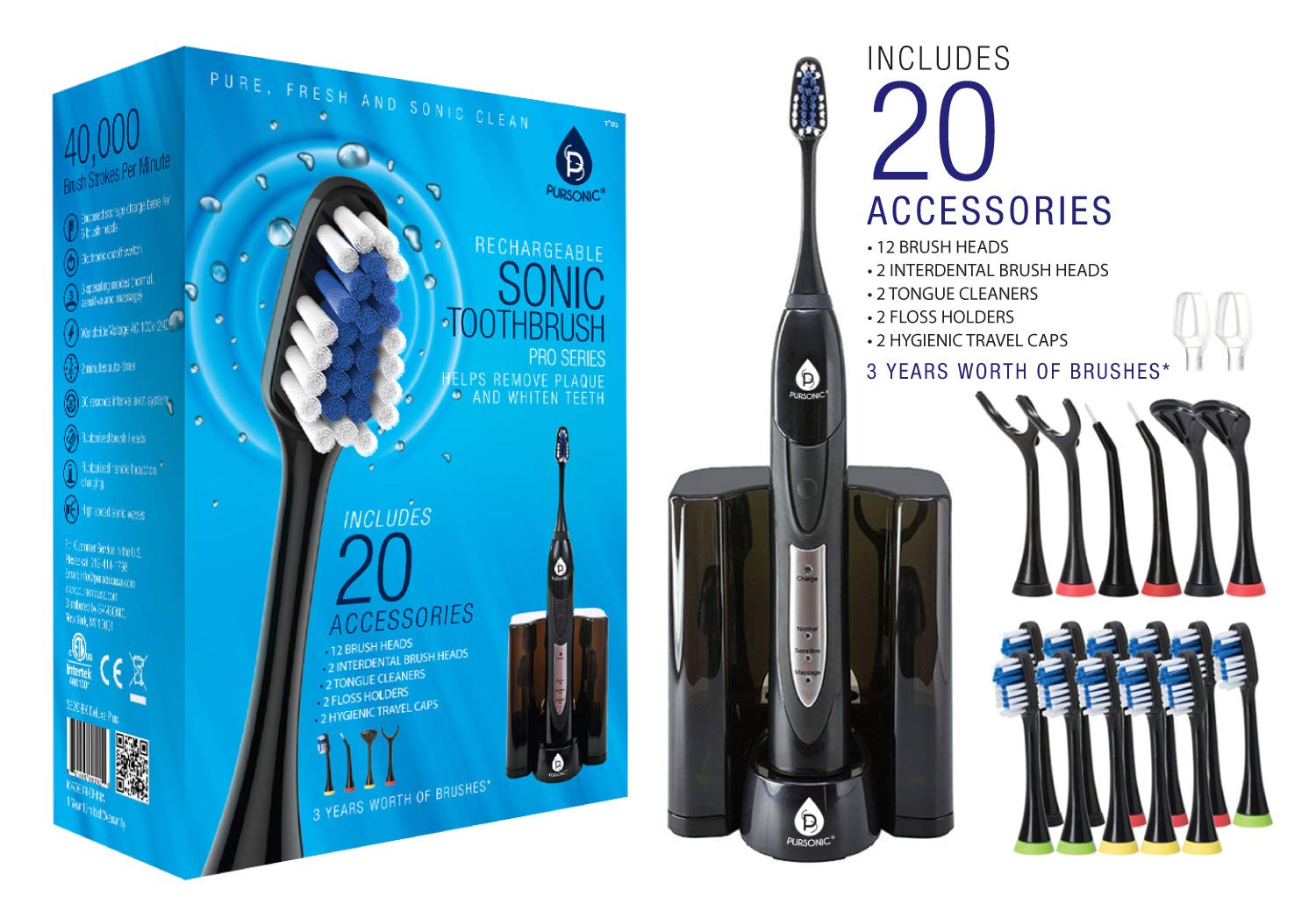 PURSONIC S520 Black Sonic Electric Toothbrush - Ultra High Powered with Dock Charger, 12 Replacement Brush Heads (Value Pack) - Perfect for Travel, Home & Family Oral Care