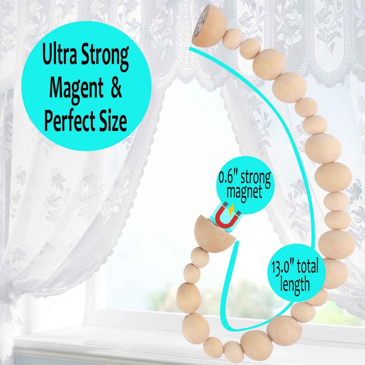 Magnetic Wood Bead Curtain Tiebacks - Strong Hold with Powerful Magnets - Boho Chic Home Decor for Bedroom, Living Room & Nursery - 2 Pack Natural Wood Tiebacks for Curtains & Drapes - Perfect for Window Treatments & Room Dividers
