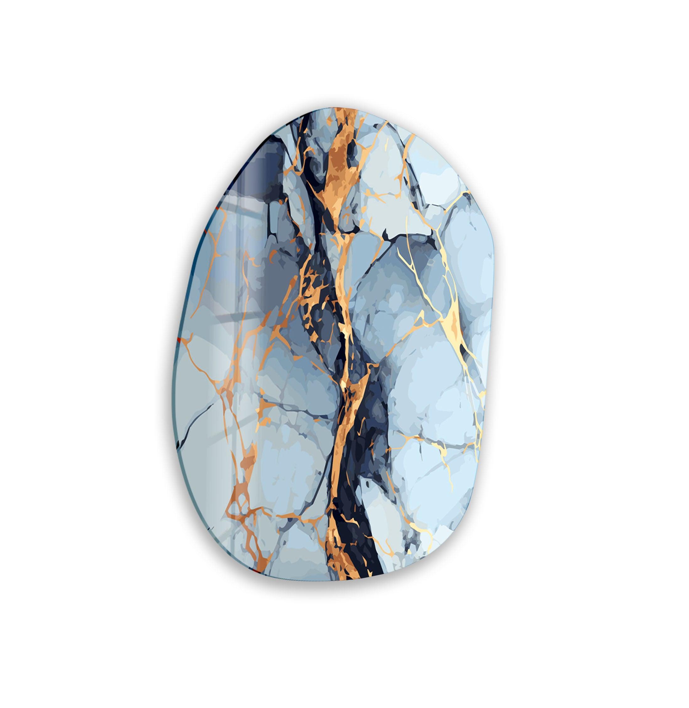 Blue & Gold Marble Oval Glass Wall Art - Elegant Home Decor for Living Room, Bedroom, Office - Perfect for Modern & Luxury Interior Design