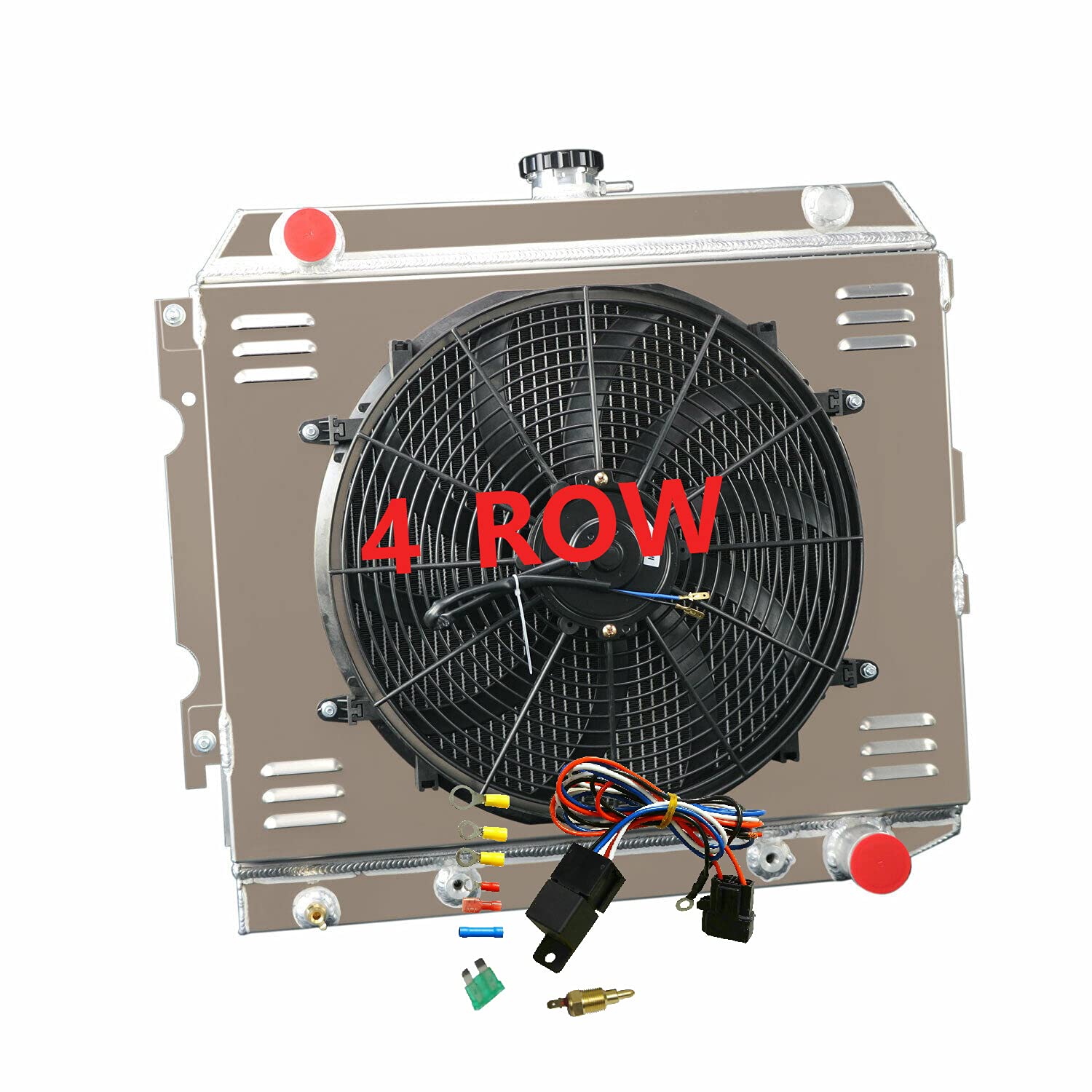 ALLOYWORKS 4-Row Aluminum Radiator with Shroud Fan & Relay Kit - Compatible with 1968-1972 Dodge Charger & Plymouth Barracuda - High-Performance Cooling for Classic Muscle Cars