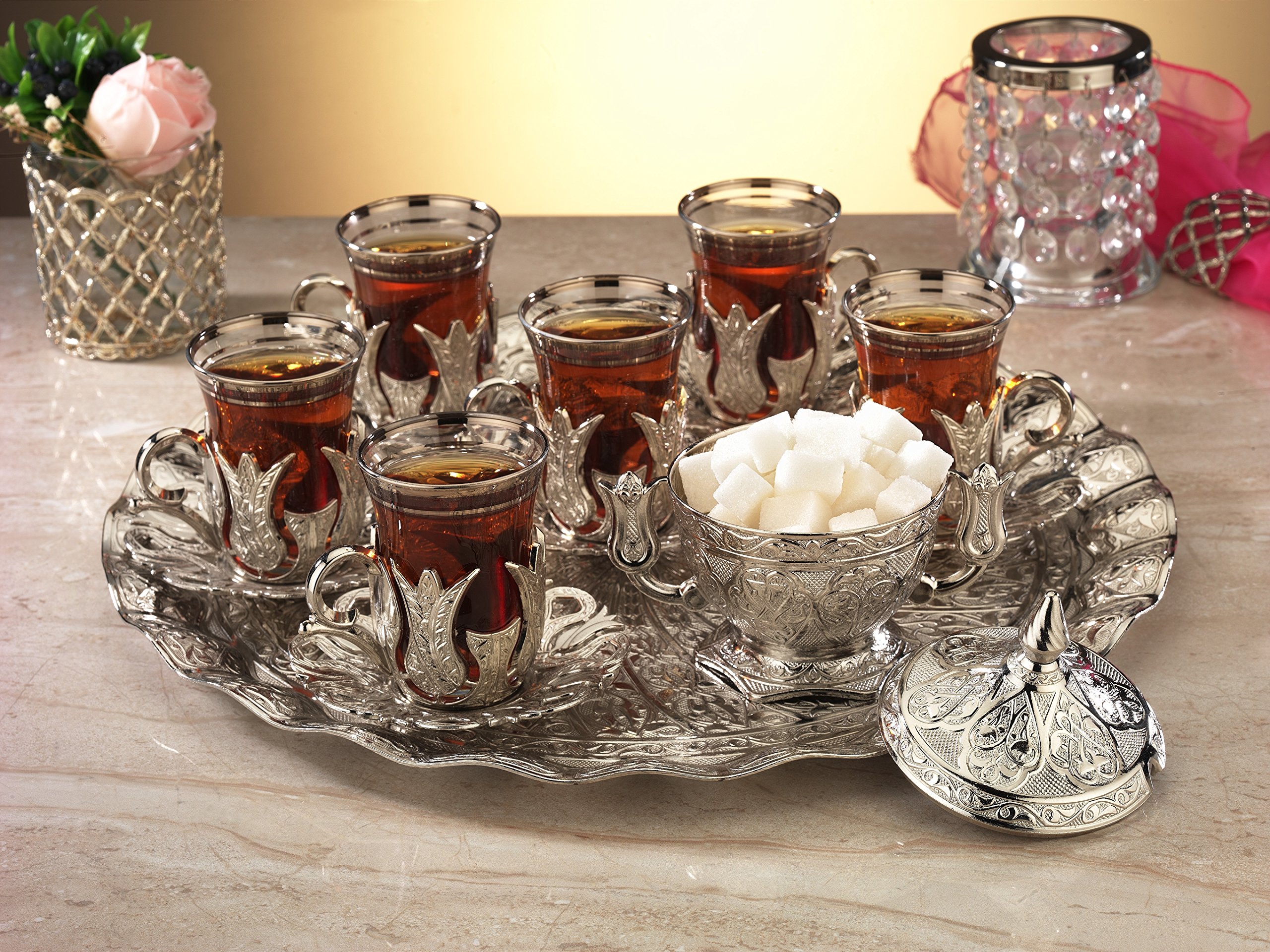Premium 21-Piece Turkish Tea Set - Gold & Silver Plated Tea Glasses with Tray & Lidded Sugar Bowl - Authentic Handcrafted in Turkey - Elegant Gift Box - Perfect for Afternoon Tea, Home Decor & Special Occasions