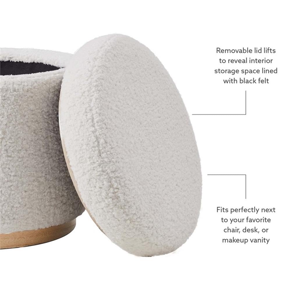 Linon Hawn Round Padded Storage Ottoman with Light Wood Trim - Natural Sherpa Fabric Upholstered Footrest Stool for Living Room, Bedroom & Home Decor