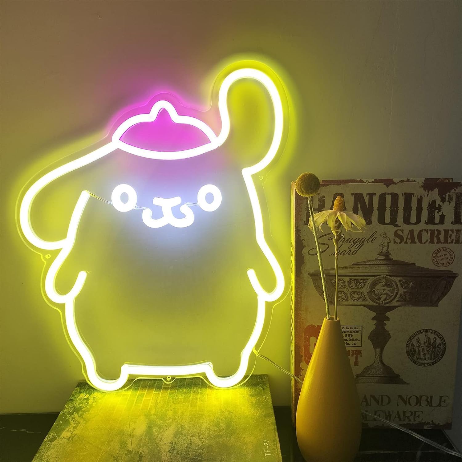 Pom Purin Neon Sign - 3D Anime LED Wall Light for Bedroom, Game Room & Apartment Decor | Cute Japanese Cartoon Dog Night Light Gift for Kids & Teens | 14-Inch Lemon Yellow & Pink | Perfect for Anime Themed Rooms, Birthday Gifts & Kawaii Home Decor