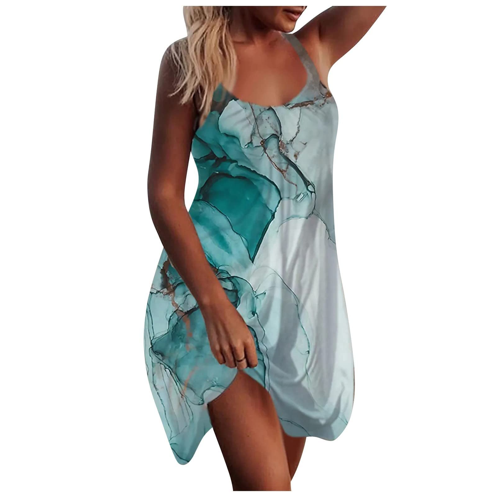 Women's Summer Mini Dress - Casual Pleated Flowy Round Neck Sleeveless Knee-Length Boho Beach Dress for Vacation, Party & Outdoor Activities | Hawaiian Sun Dress