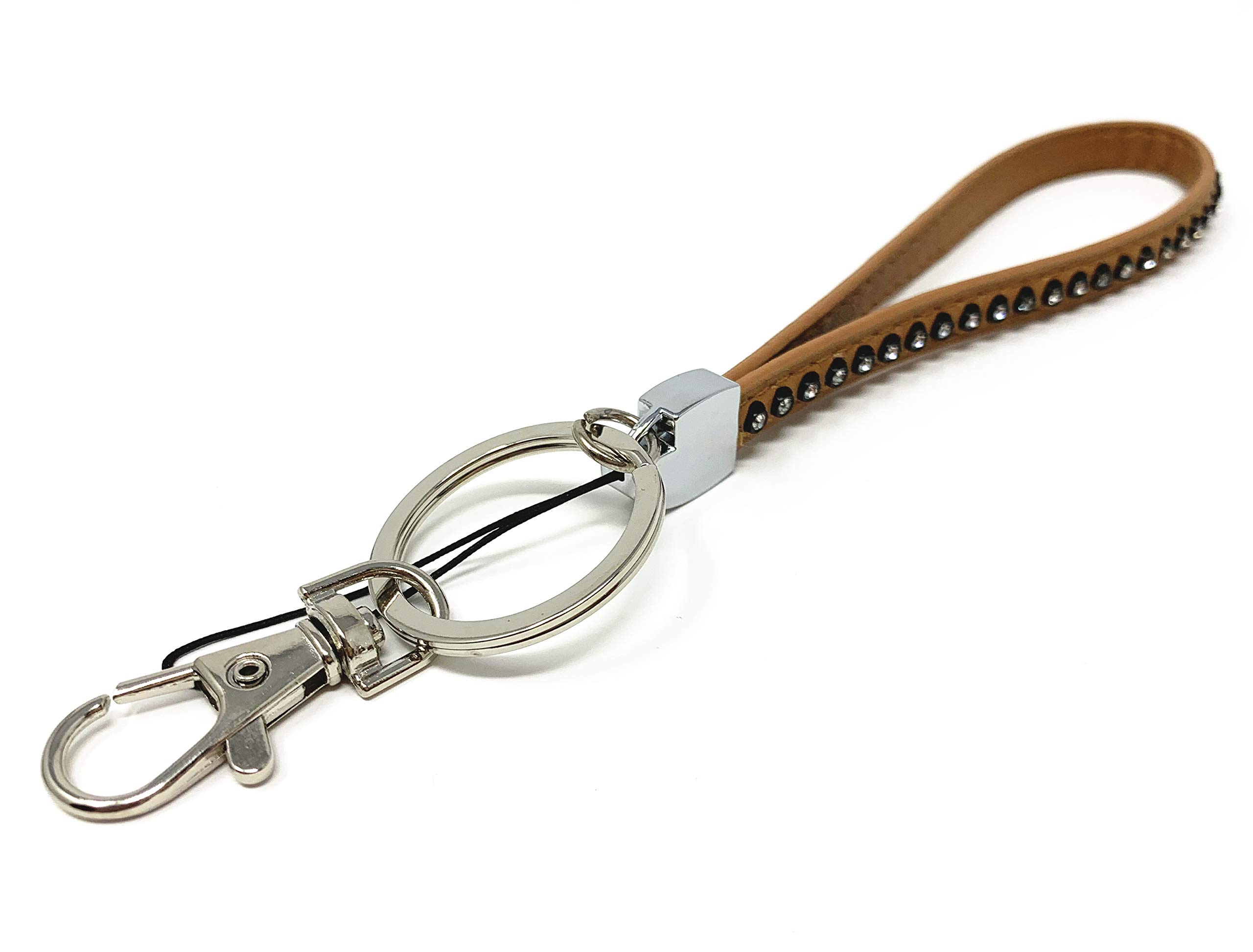 Stylish PU Leather Rhinestone Wristlet Keychain with Keyring & Clasp Hook - Brown | Perfect for Handbags, Wallets & Key Organization