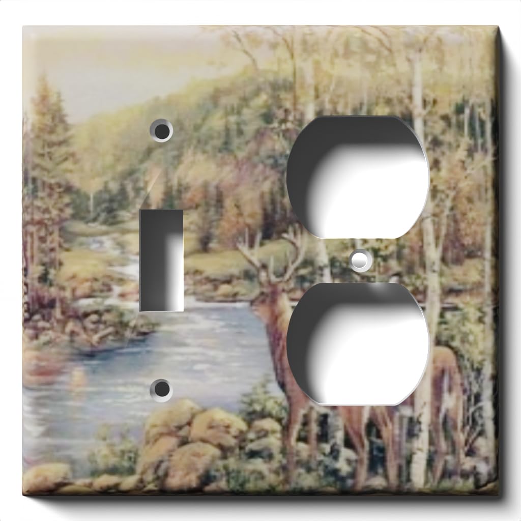 Deer Creek Decorative Light Switch and Outlet Cover Plate - Single Toggle Switch with Duplex Receptacle, White Wall Plate for Living Room, Bedroom, and Office Decor