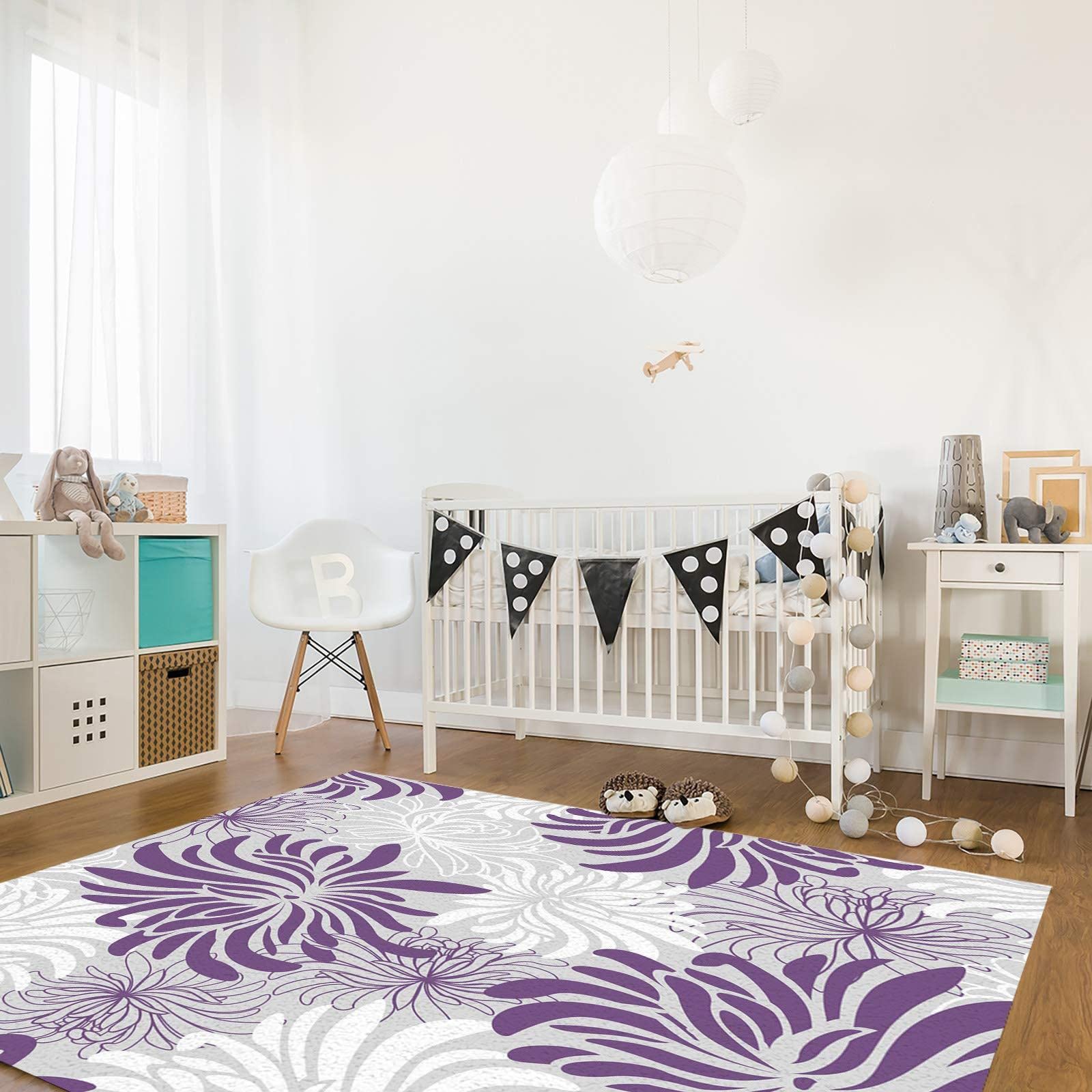 Abstract Purple Floral Area Rug - Soft Washable White Grey Chrysanthemum Carpet for Nursery, Bedroom & Living Room - 5'3