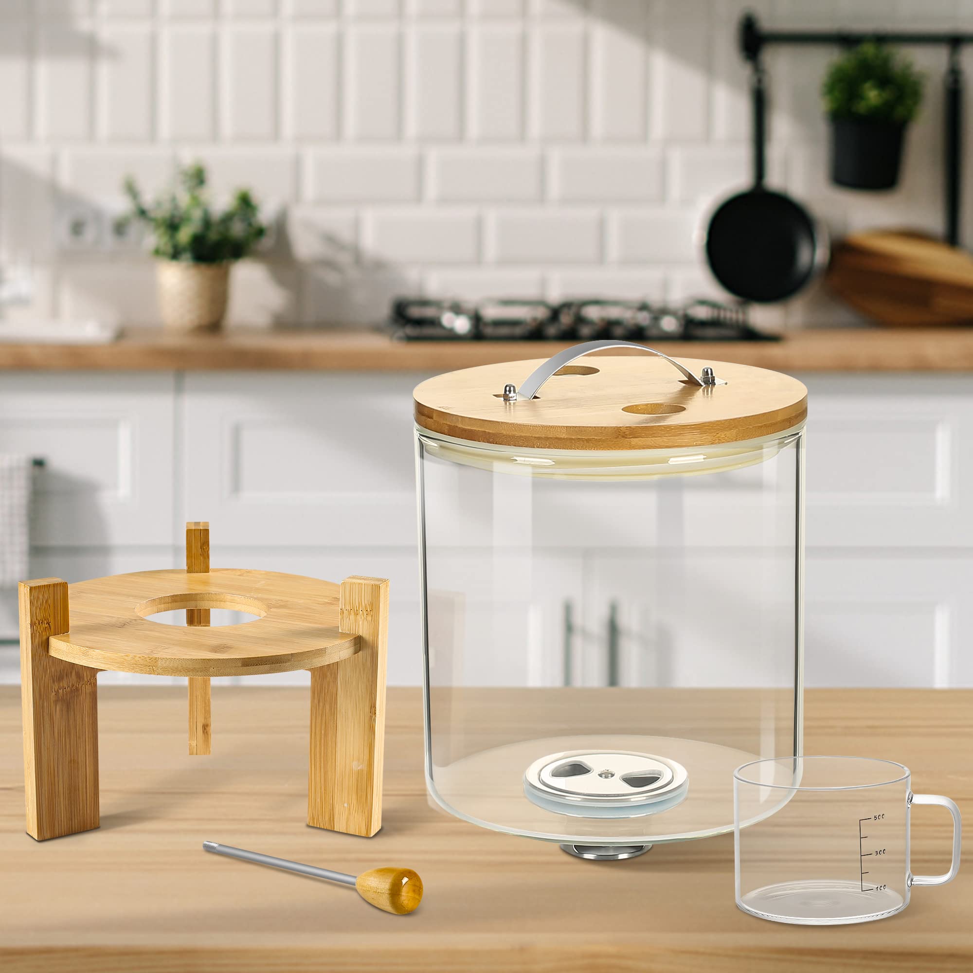 Premium 8L Glass Rice Dispenser & Food Storage Container with Airtight Lid & Wooden Stand - Ideal for Flour, Cereal, Grains - Perfect for Kitchen Organization & Pantry Storage - Great for Meal Prep, Baking & Bulk Food Storage