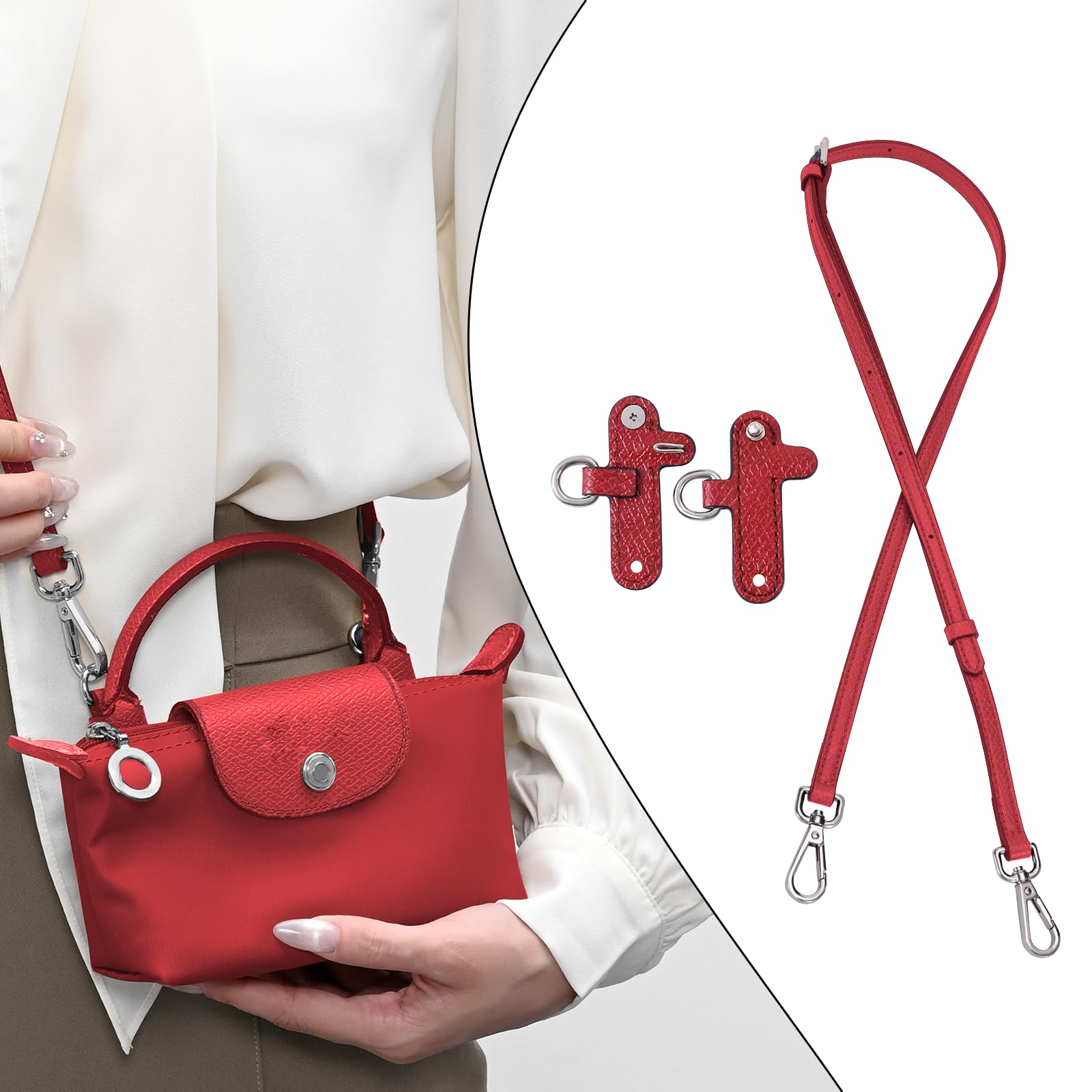 **Leather Handbag Strap Replacement - Adjustable Crossbody Shoulder Purse Strap for Longchamp Mini Bag (Red) | Perfect for Women's Everyday Use, Travel & Shopping**