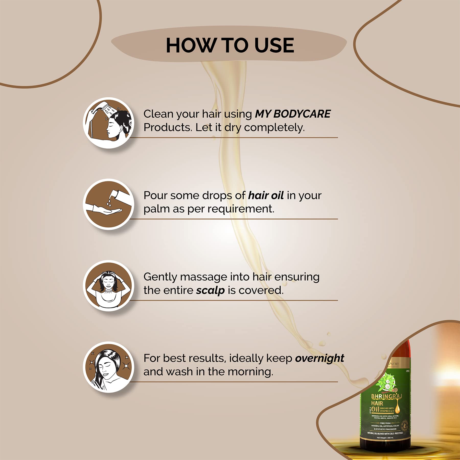 Bhringraj Hair Oil for Men & Women - Ayurvedic Formula with Amla, Castor, Neem & Sesame Oils | Vitamin E & D Enriched Natural Oil for Hair Growth | Anti-Dandruff & Hair Fall Solution | 100% Chemical Free | 200ml | Perfect for Daily Hair Care & Scalp Massage