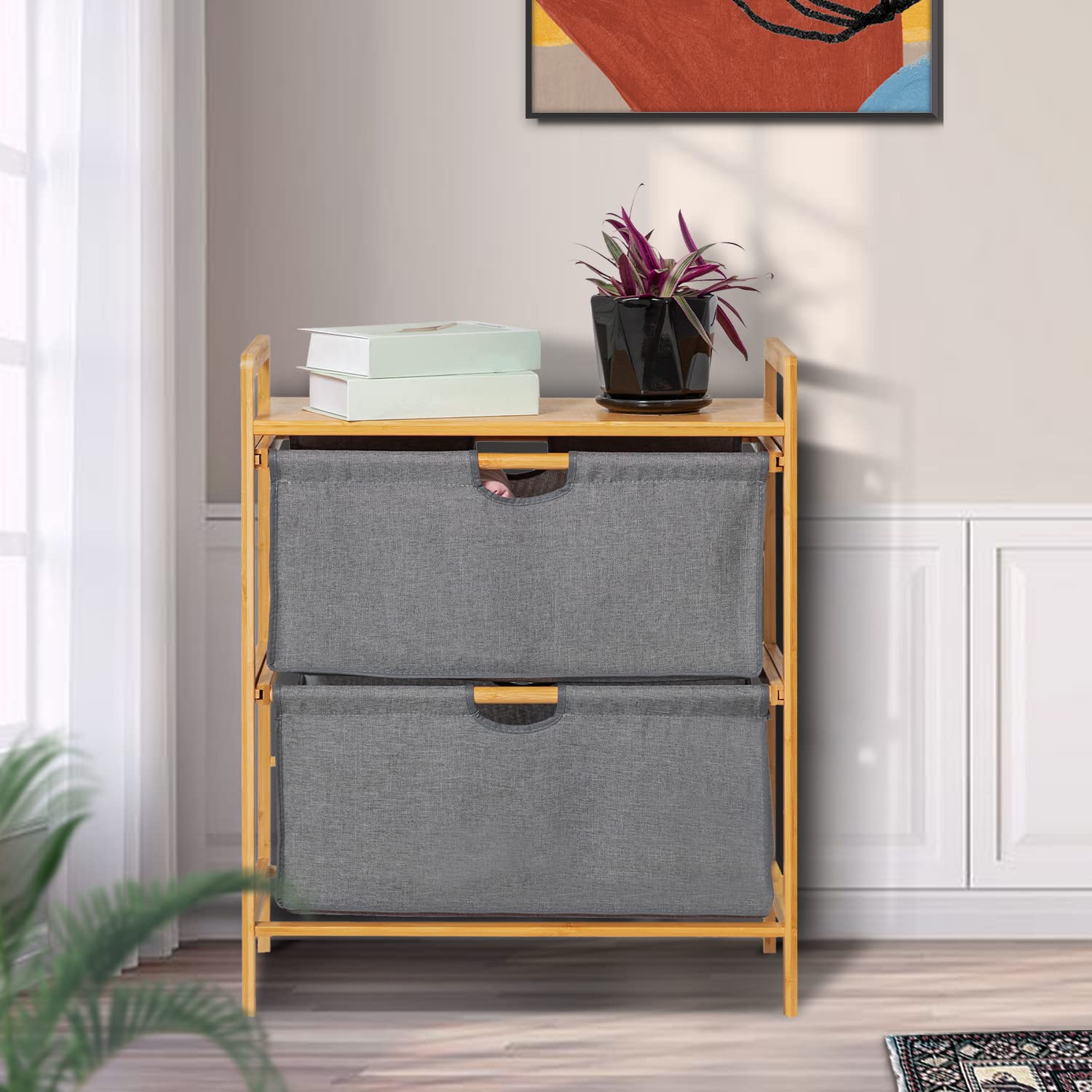 MoNiBloom 2-Tier Bamboo Clothes Organizer with Tabletop - Space-Saving Storage for Bedroom, Bathroom, Entryway & Closet - Perfect for Folded Shirts, Pants, Towels & Accessories (Grey)