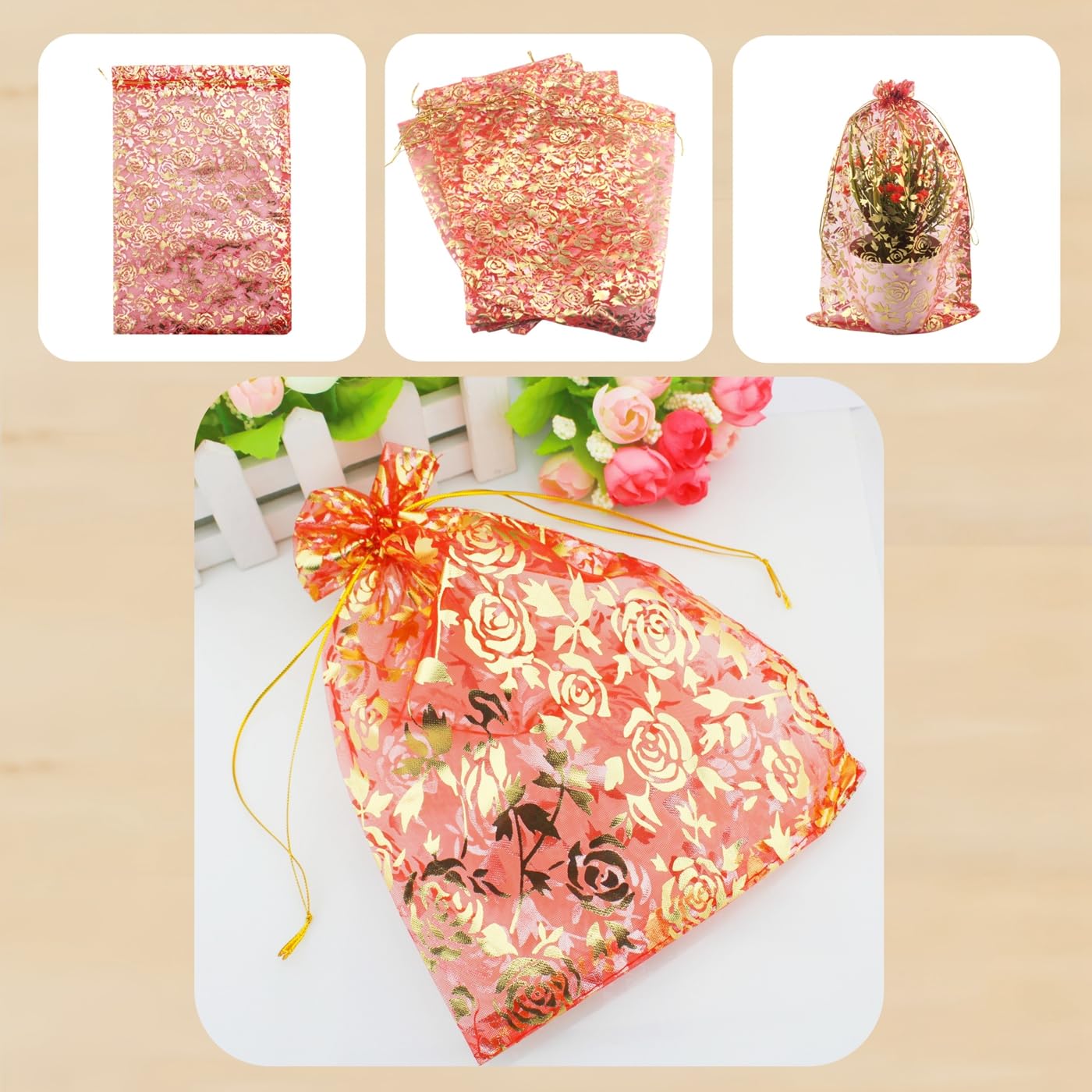 8 x 12 Inch 100pcs Red Floral Organza Drawstring Bags - Heart Shaped Jewelry Gift Pouch for Wedding Favors, Candy, Party Decorations & Small Item Storage