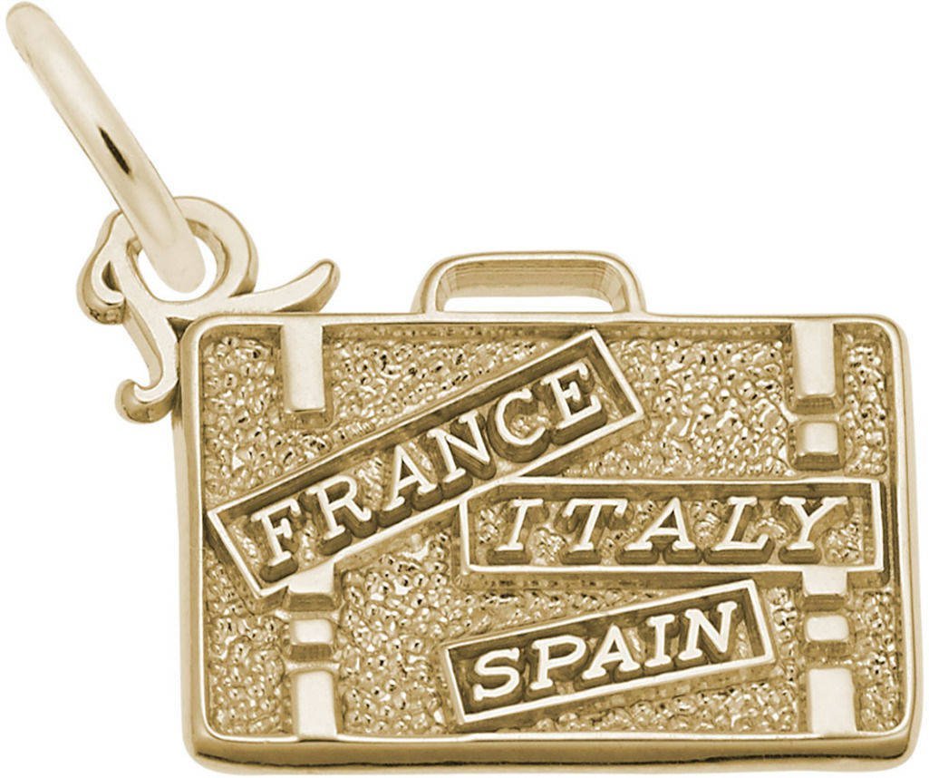 Rembrandt France Italy Spain Travel Suitcase Charm - Gold Plated Sterling Silver Luggage Tag - Perfect for Vacation Souvenirs & Travel Gifts