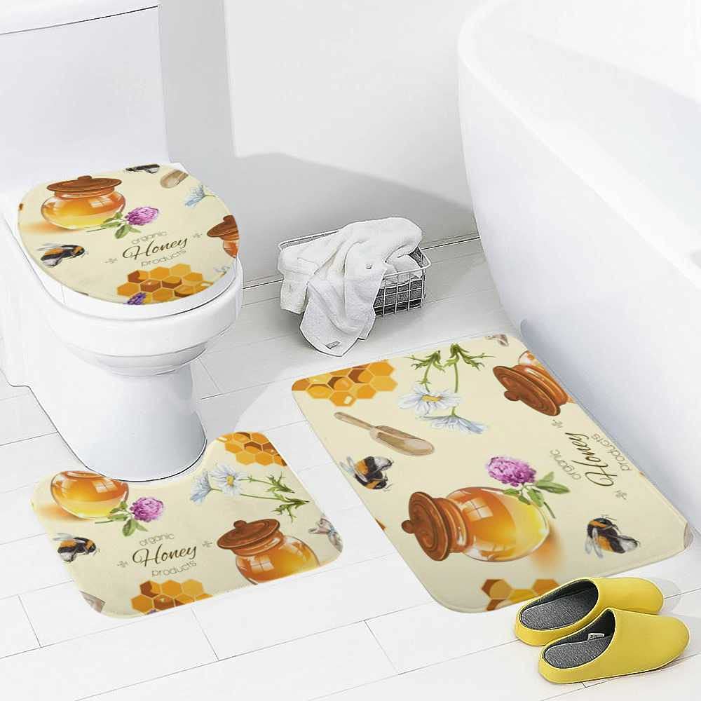 Hapuxt 3-Piece Bath Rug Set - Honey Wild Flowers Bee Design, Anti-Slip Absorbent Bathroom Mats with Toilet Lid Cover & U-Shaped Contour Rug, Machine Washable - Perfect for Bathroom Decor and Comfort