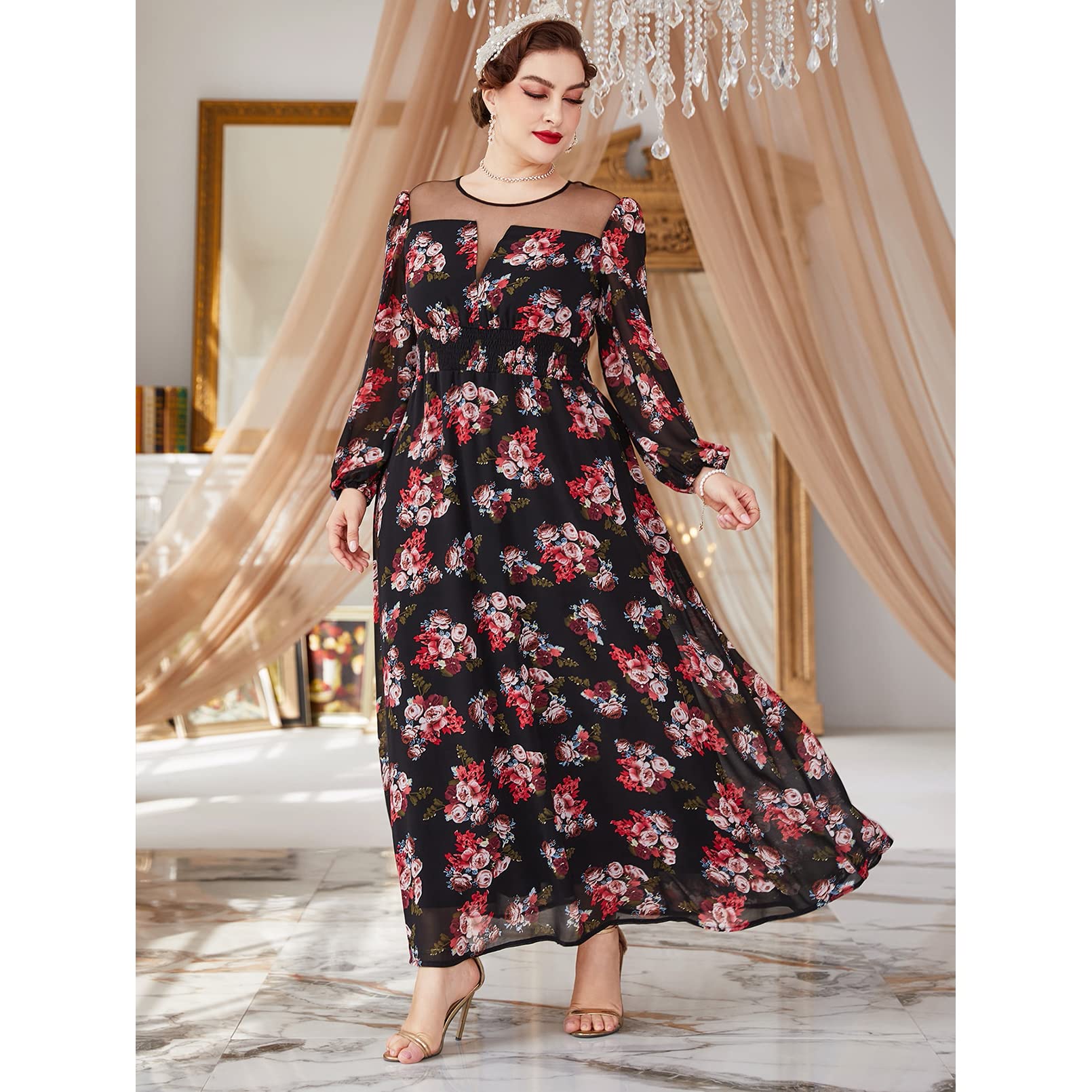 Plus Size Floral Printed Elegant Deep V Neck Lace Maxi Dress for Women | Sexy & Stylish Long Dress for Evening Parties, Weddings & Special Occasions
